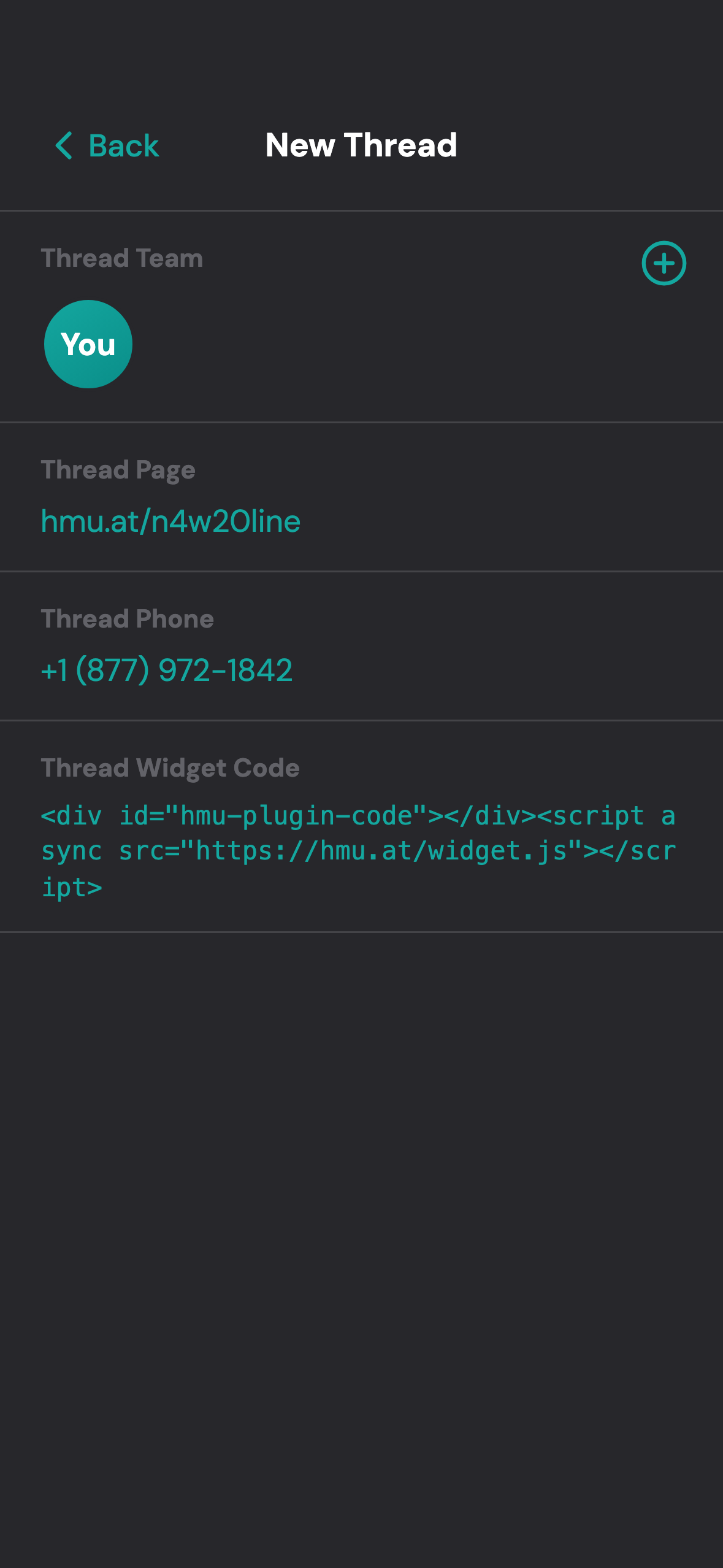 The plus on the Threads list creates a thread with only You on the team, already issued a short link, a phone number and a script tag; tapping the link copies it.