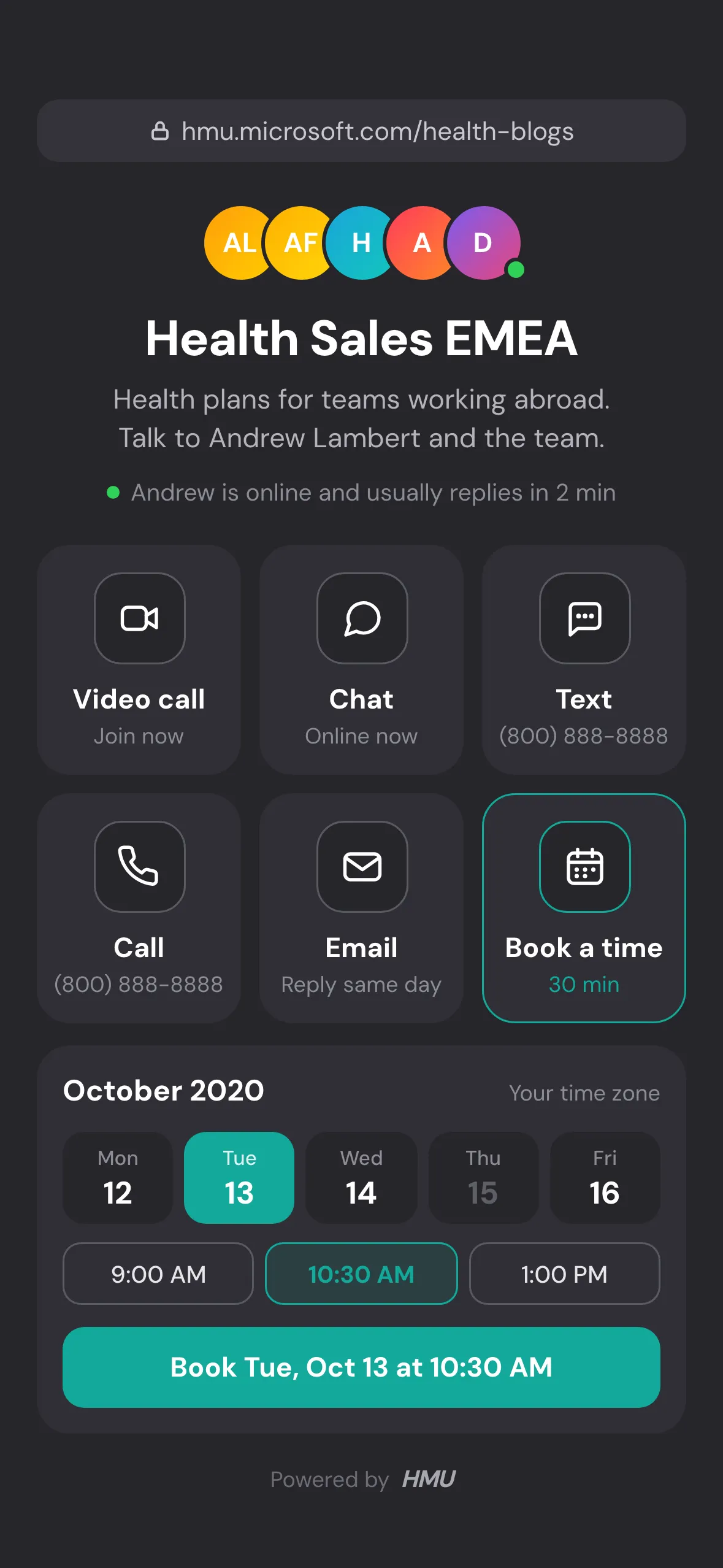 La página para clientes de Health Sales EMEA, abierta en un teléfono en hmu.microsoft.com/health-blogs: cinco avatares del equipo encabezados por Andrew Lambert, que está en línea, y luego seis mosaicos para Video call, Chat, Text, Call, Email y Book a time, con el número del hilo (800) 888-8888 en Text y Call, y una tarjeta de reserva abierta el martes 13 de octubre con las 10:30 AM elegidas. Esta pantalla es una maqueta construida para este sitio a partir del diseño de HMU de 2020.
