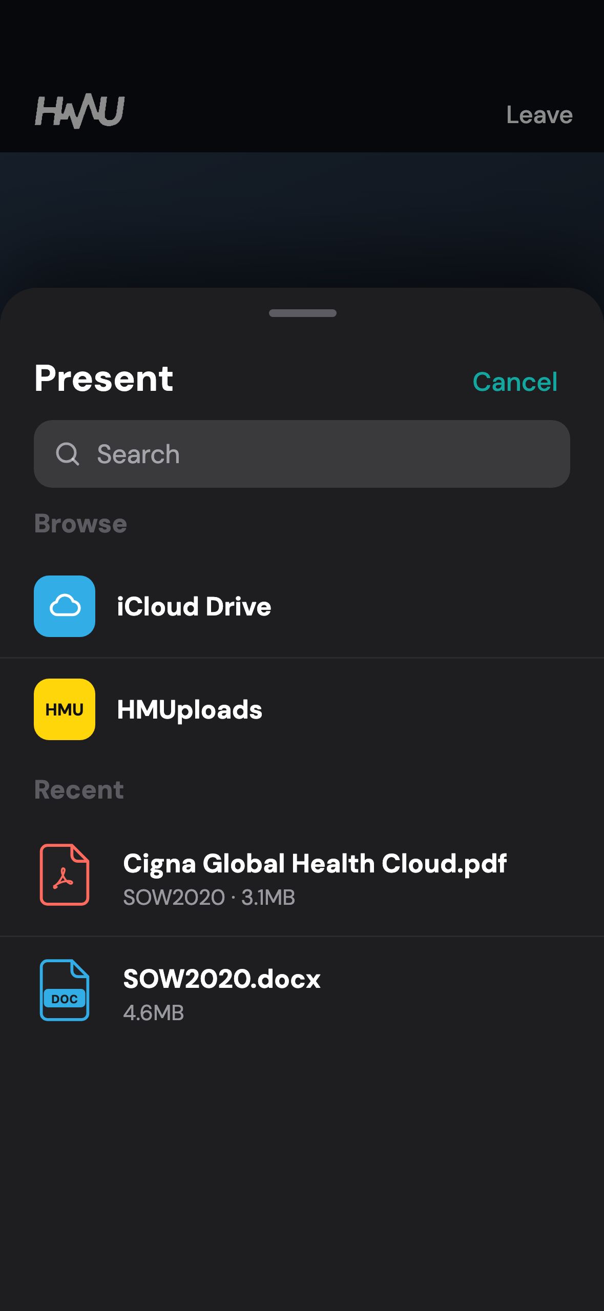 A Present sheet over the video room offering iCloud Drive, an HMUploads folder, and recent files: Cigna Global Health Cloud.pdf at 3.1MB and SOW2020.docx at 4.6MB.