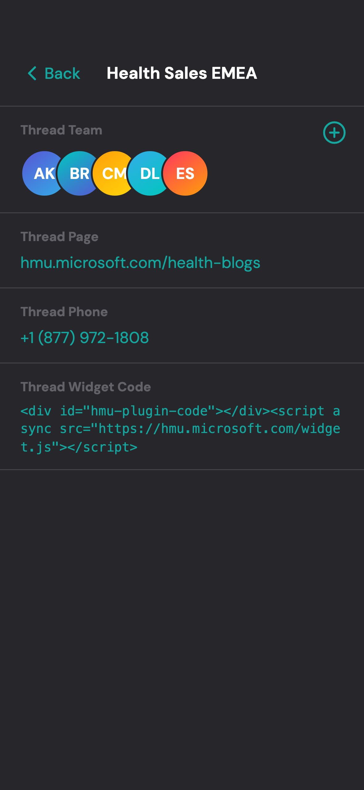 Thread info for Health Sales EMEA: five team avatars, then Thread Page hmu.microsoft.com/health-blogs, Thread Phone +1 (877) 972-1808, and Thread Widget Code, a div and an async script tag to paste into a page.