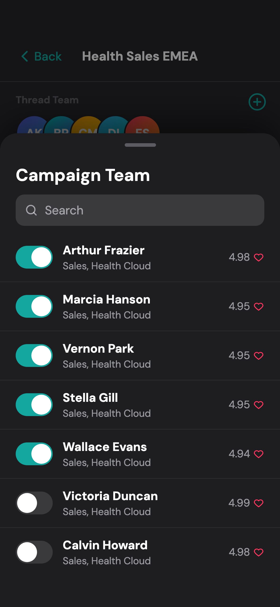 Campaign Team sheet: seven sales staff, each a toggle and a rating. Arthur Frazier 4.98 switched on, Wallace Evans 4.94 on, Victoria Duncan 4.99 off, Calvin Howard 4.98 off.