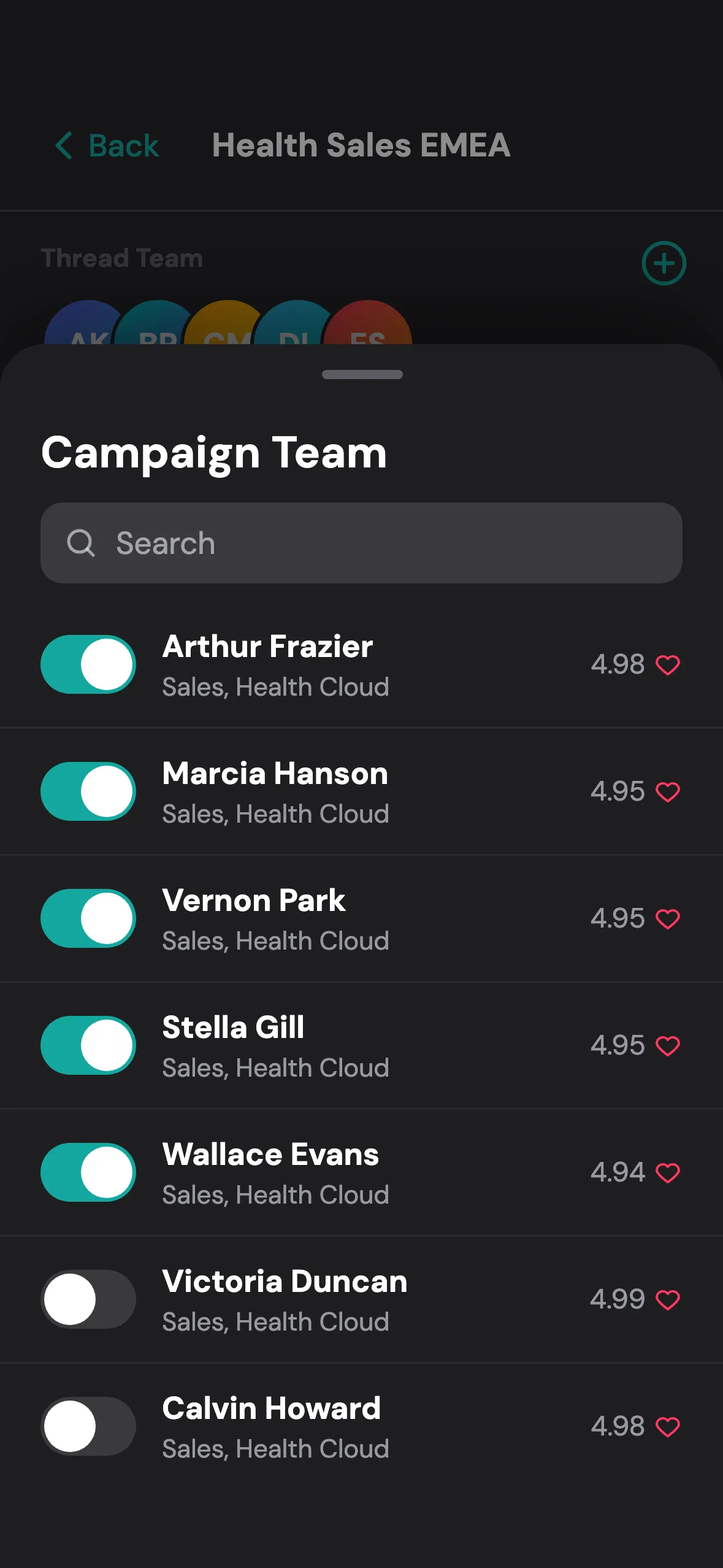 Campaign Team sheet: seven sales staff, each a toggle and a rating. Arthur Frazier 4.98 switched on, Wallace Evans 4.94 on, Victoria Duncan 4.99 off, Calvin Howard 4.98 off. The screens are from my later app design, which doesn't use the patented routing; the names are made up.