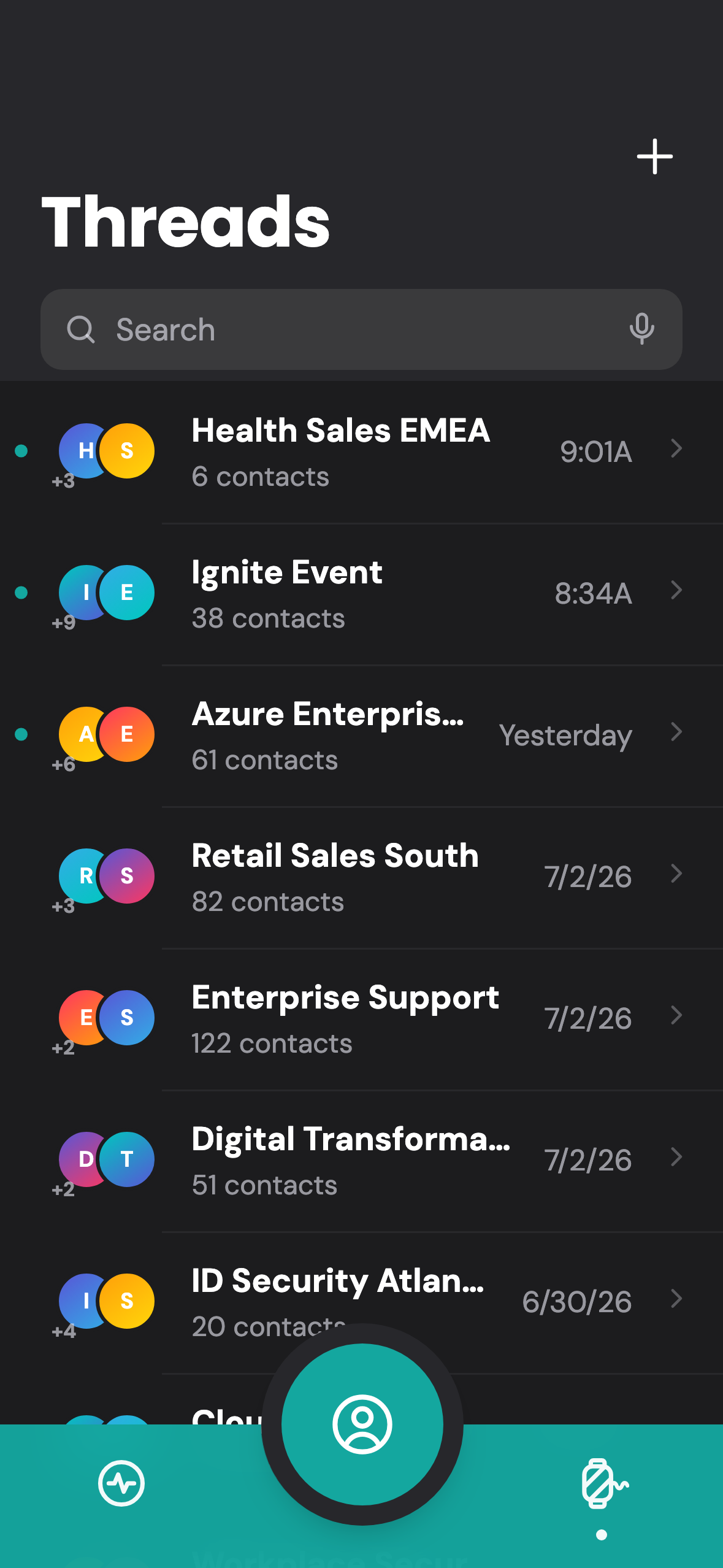 The Threads tab lists seven campaigns by contact count; opening Health Sales EMEA shows its tallies across contacts, calls, chats, videos and emails, and the info control reveals the thread’s page, phone number and widget code.