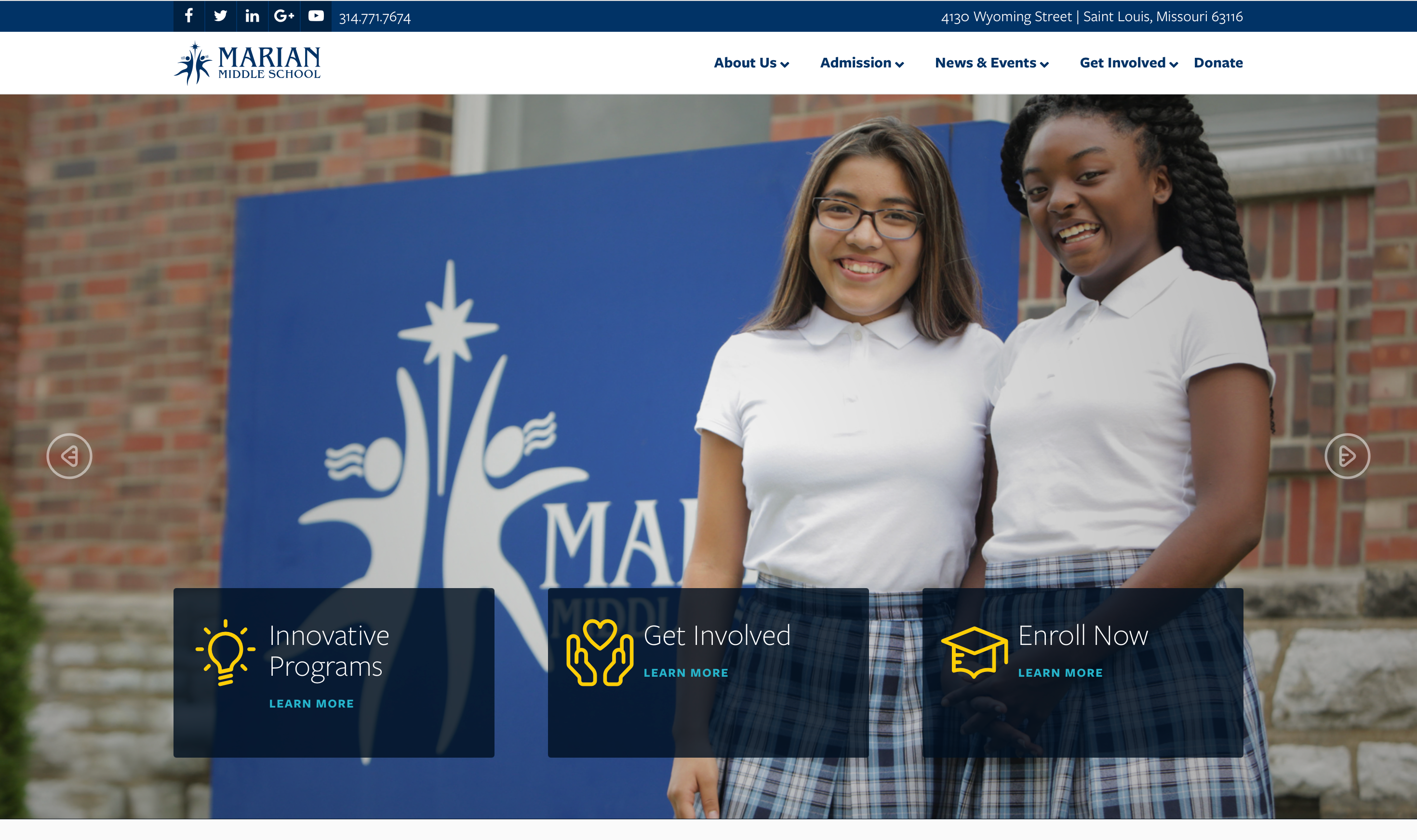 Redesigned Marian Middle School homepage. The five-item global navigation reads About Us, Admission, News & Events, Get Involved, Donate. Below, a full-bleed student photograph with three call-to-action cards: Innovative Programs, Get Involved, and Enroll Now