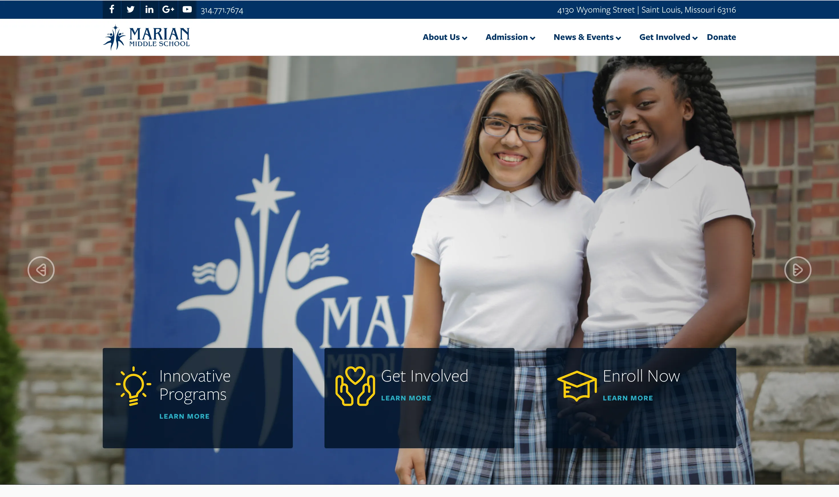 Redesigned Marian Middle School homepage. The five-item global navigation reads About Us, Admission, News & Events, Get Involved, Donate. Below, a full-bleed student photograph with three call-to-action cards: Innovative Programs, Get Involved, and Enroll Now