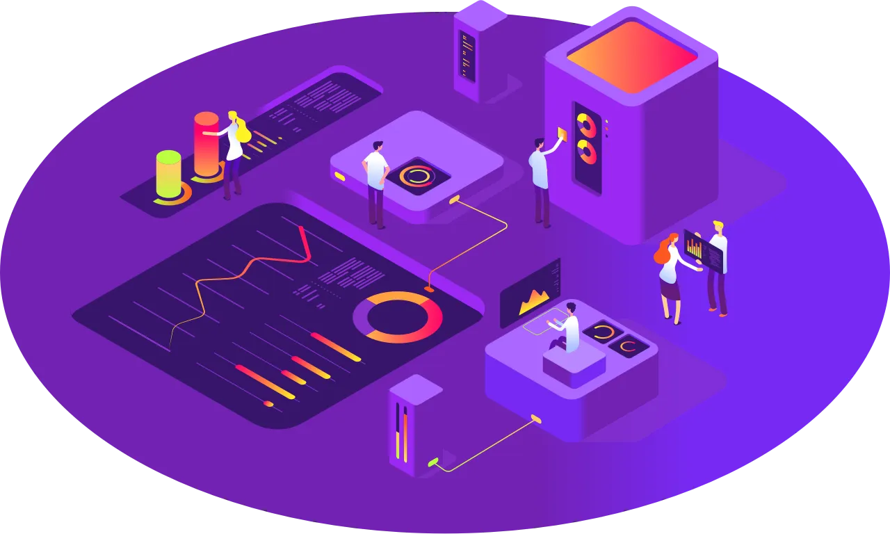 Isometric illustration in purples and reds of a small automated studio: figures tending dashboards, a camera rig, charts, and a rendering tower connected by glowing paths: the product's how-it-works graphic for turning data into personalized video.