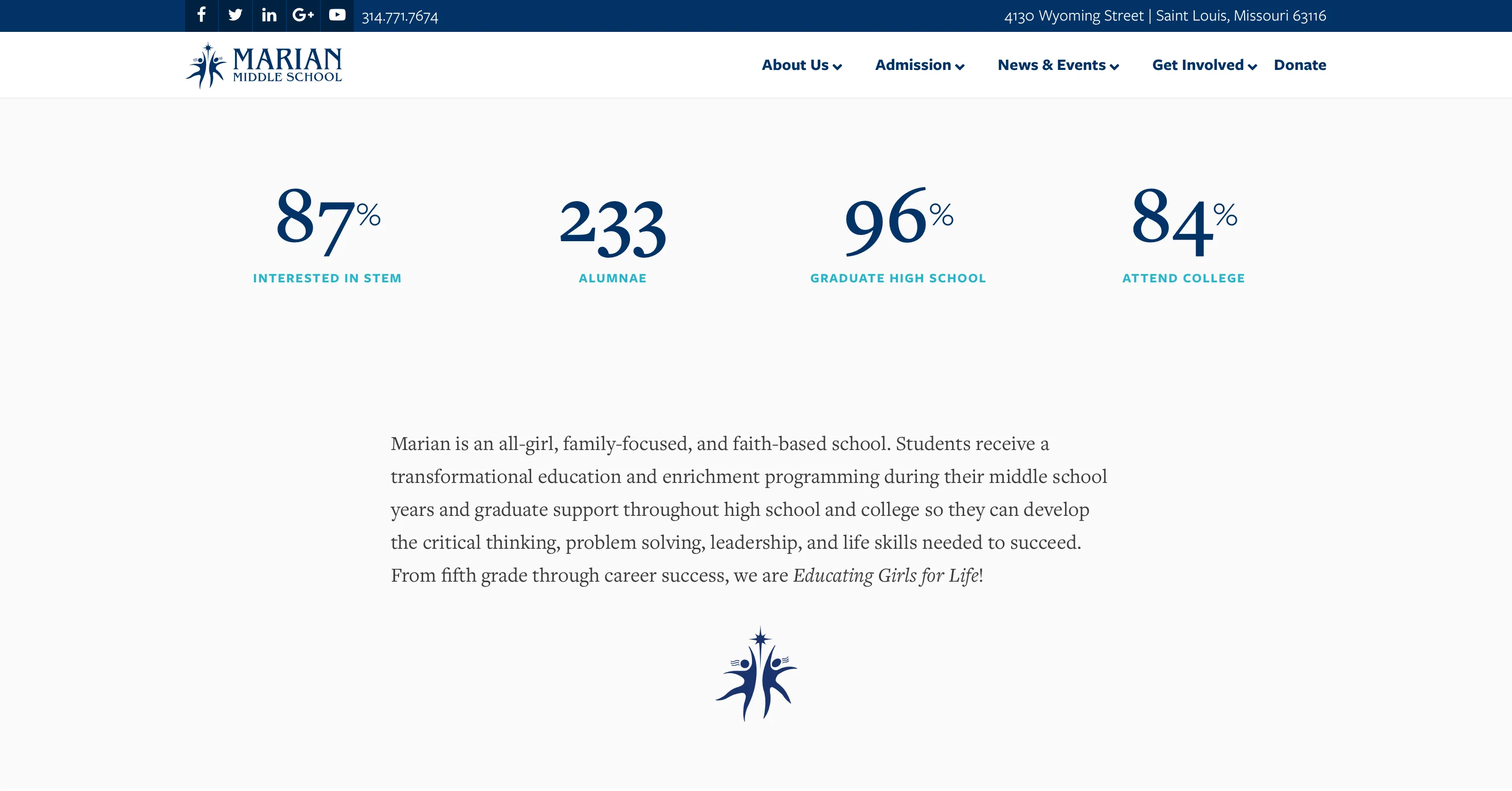 Impact section displaying four headline statistics: 87% interested in STEM, 233 alumnae, 96% graduate high school, 84% attend college, with the Educating Girls for Life tagline. Screenshot of the live results section, 2017. The numbers came from a printed packet the school gave new parents. I made sure they appeared with credit to the school; I didn't re-check the figures myself.