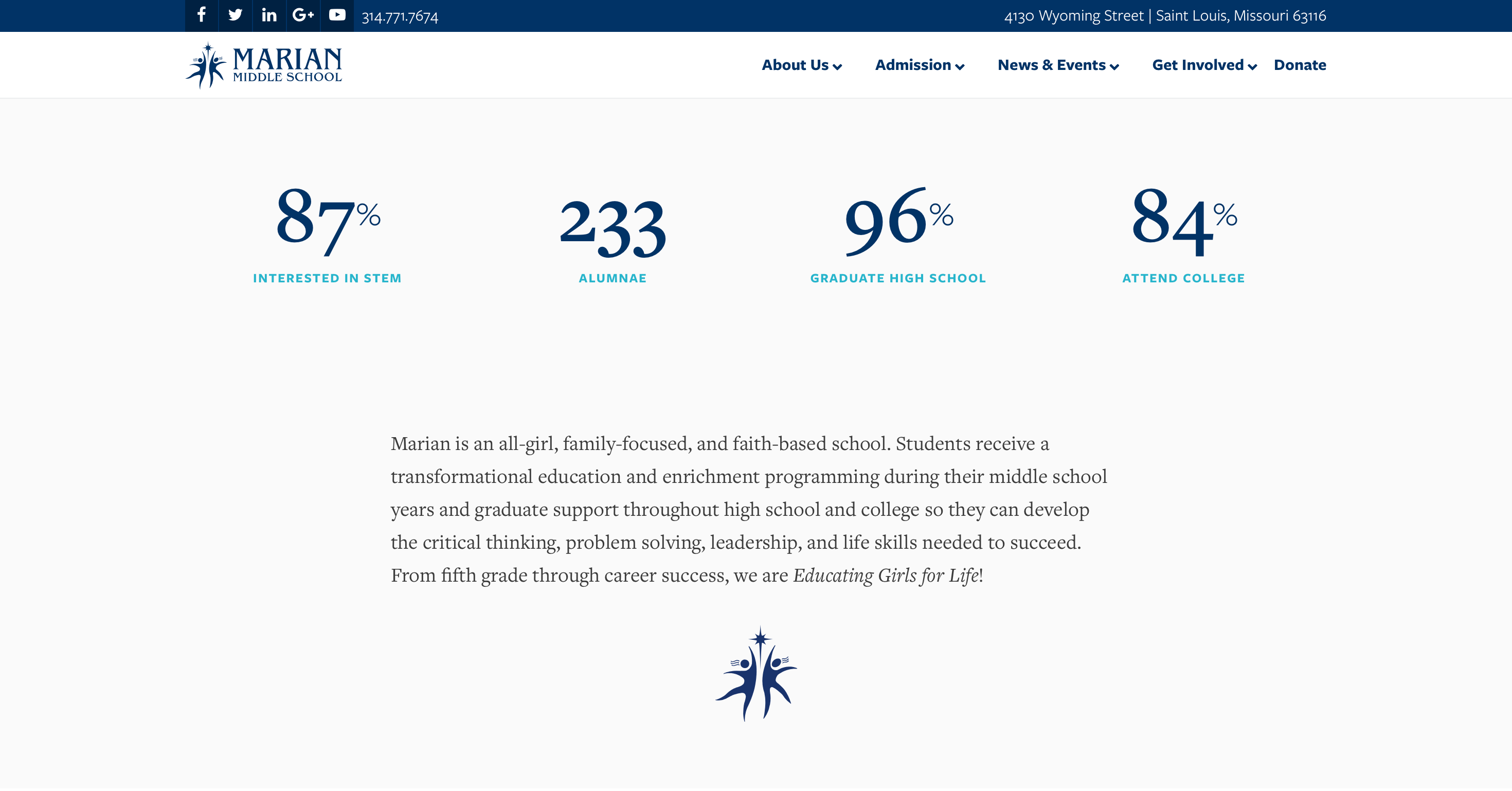 Impact section displaying four headline statistics: 87% interested in STEM, 233 alumnae, 96% graduate high school, 84% attend college, with the Educating Girls for Life tagline