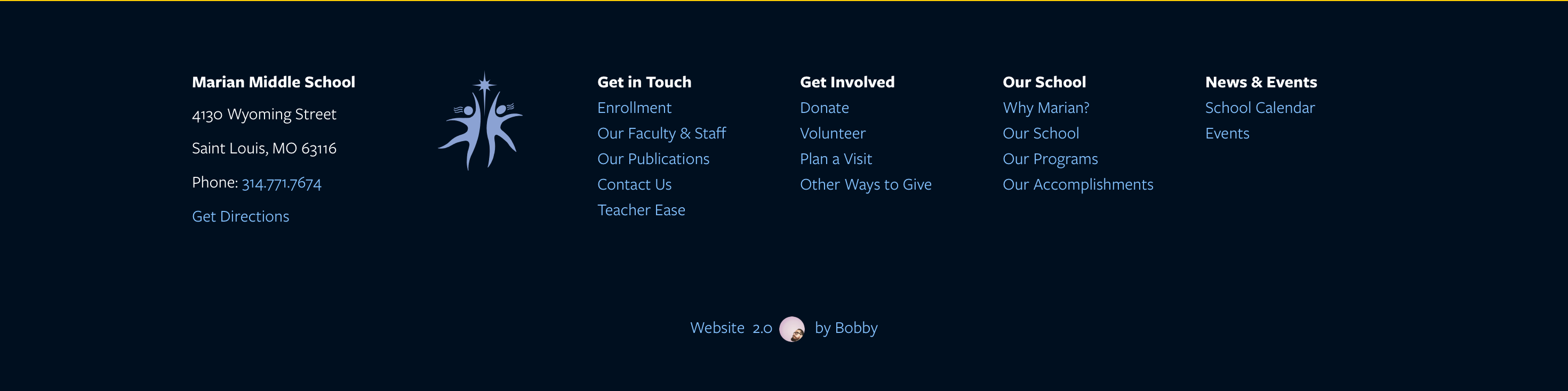 Footer of the redesigned site showing four navigation columns: Get in Touch, Get Involved, Our School, and News & Events, alongside the school address, phone number, and a Website 2.0 by Bobby attribution