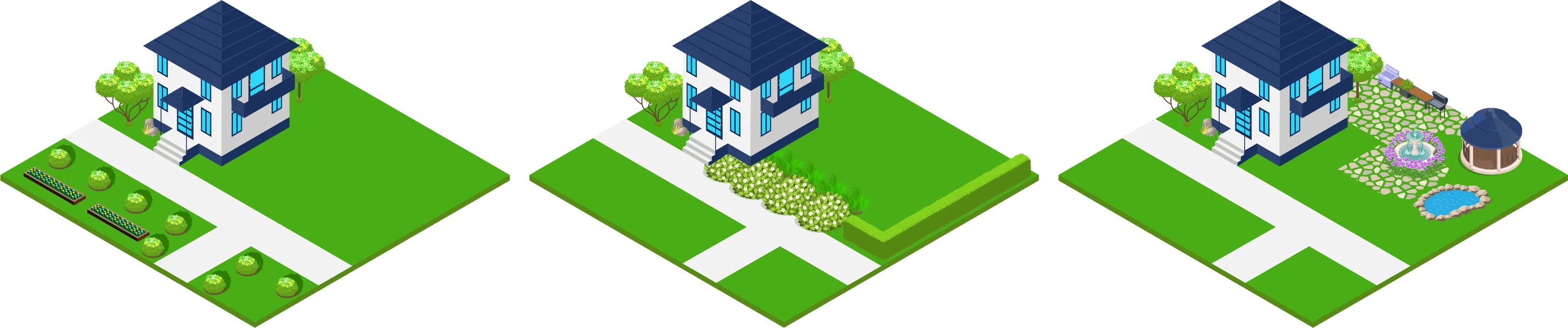 Three isometric drawings of the same two-story house on a green lot. Curb Appeal adds shrubs and flower beds along the walk. Full Lawn adds a flowering border and a long hedge. Dream Lawn adds a stone patio, a fountain, a pond and a gazebo. The drawing layers are the ones the October 2025 estimator stacked.