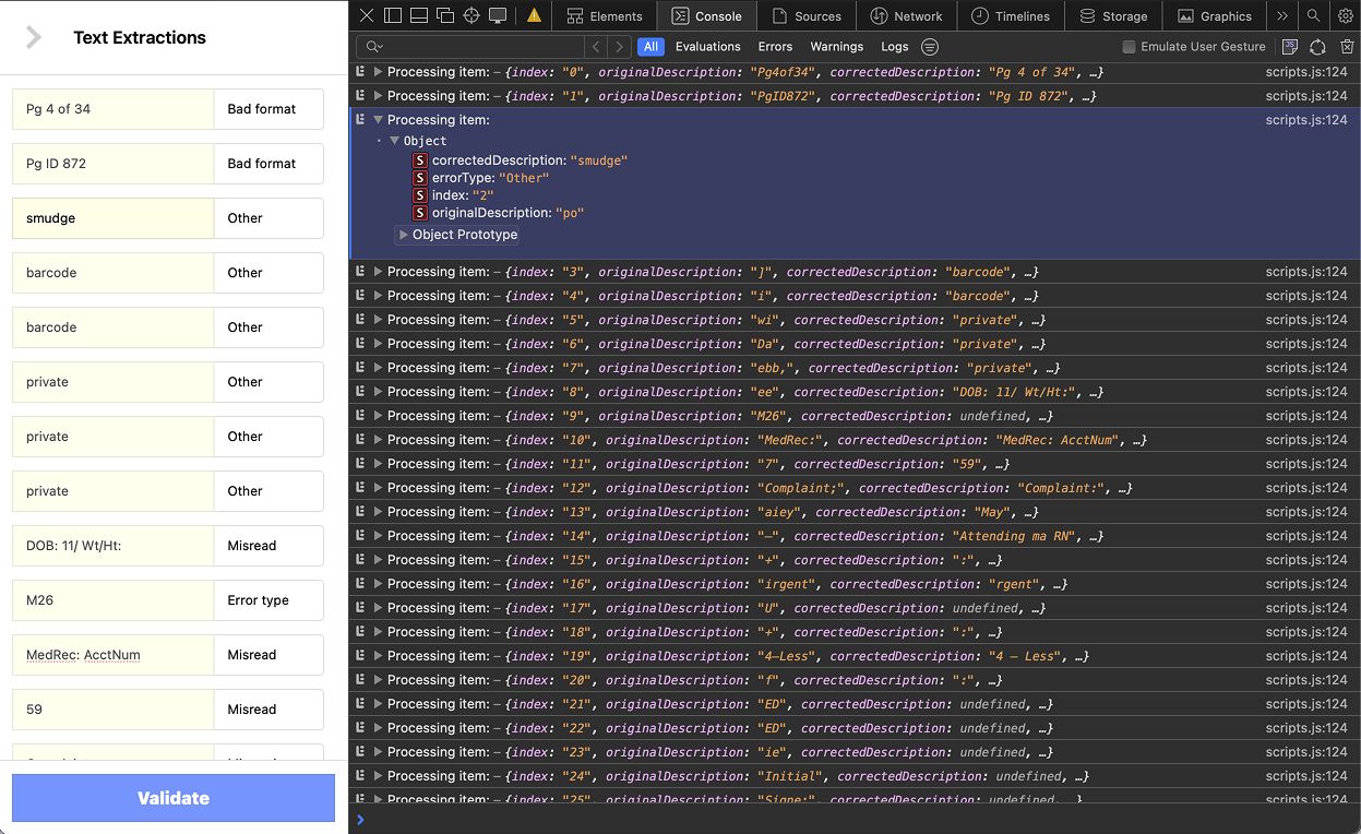The correction panel beside a browser developer console. The console logs each correction as an object with four keys: index, originalDescription, correctedDescription and errorType, with values such as po corrected to smudge and typed Other.