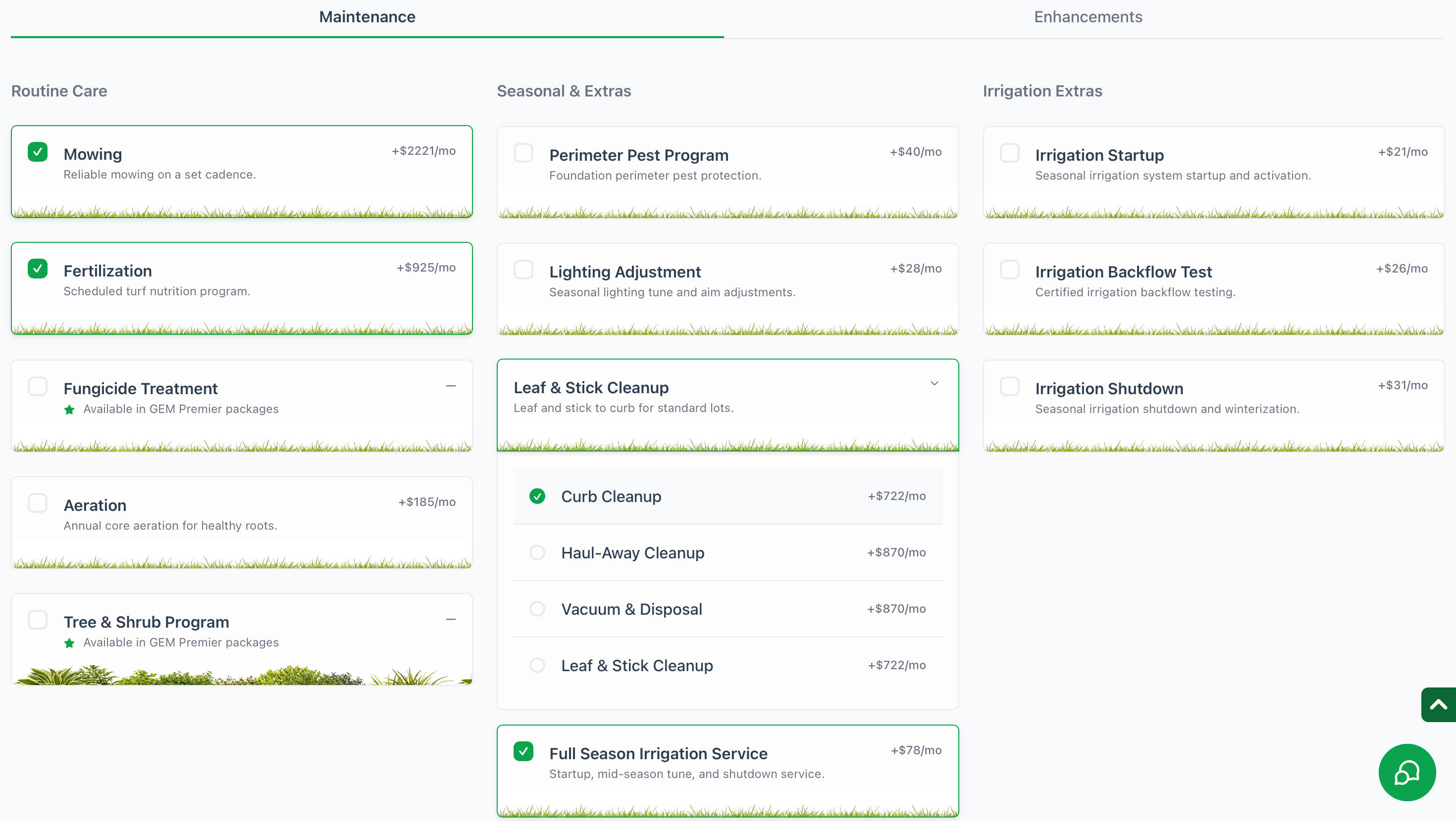 The Quiet Village maintenance tab: Routine Care, Seasonal & Extras and Irrigation Extras in three columns, each line priced per month, with Mowing at $2,221 and Fertilization at $925 selected and Leaf & Stick Cleanup expanded into four mutually exclusive options