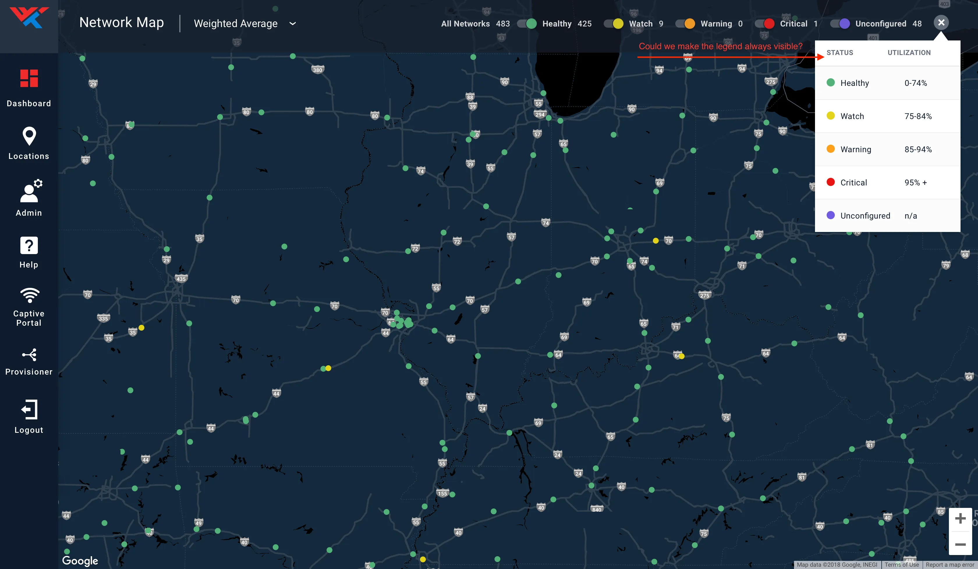 The network map of the central United States: 483 networks as status dots, mostly healthy green, with toggles for healthy, watch, warning, critical, and unconfigured states, and a legend mapping each status to a utilization band. A red review annotation asks whether the legend could be always visible.