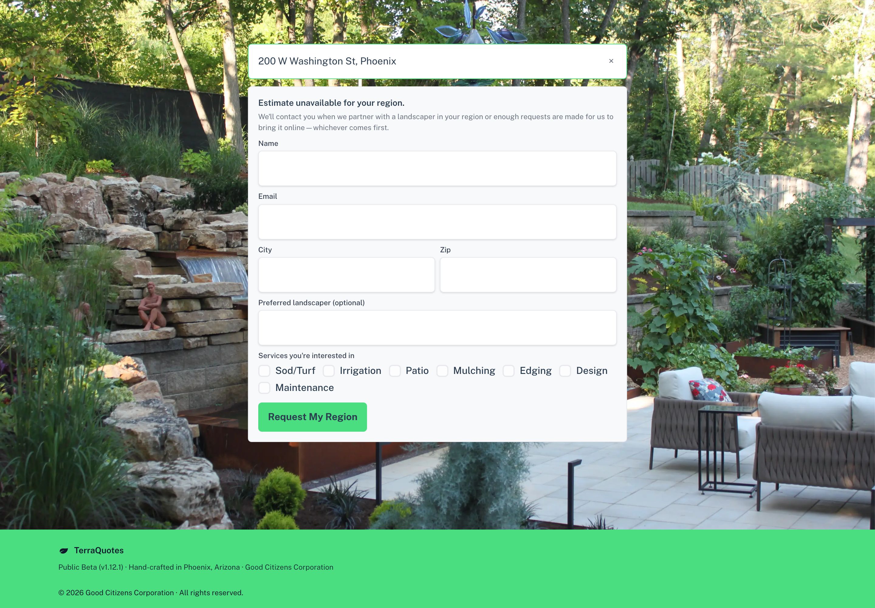 An address the index cannot resolve: an explanation of coverage and a waitlist signup form instead of an error page
