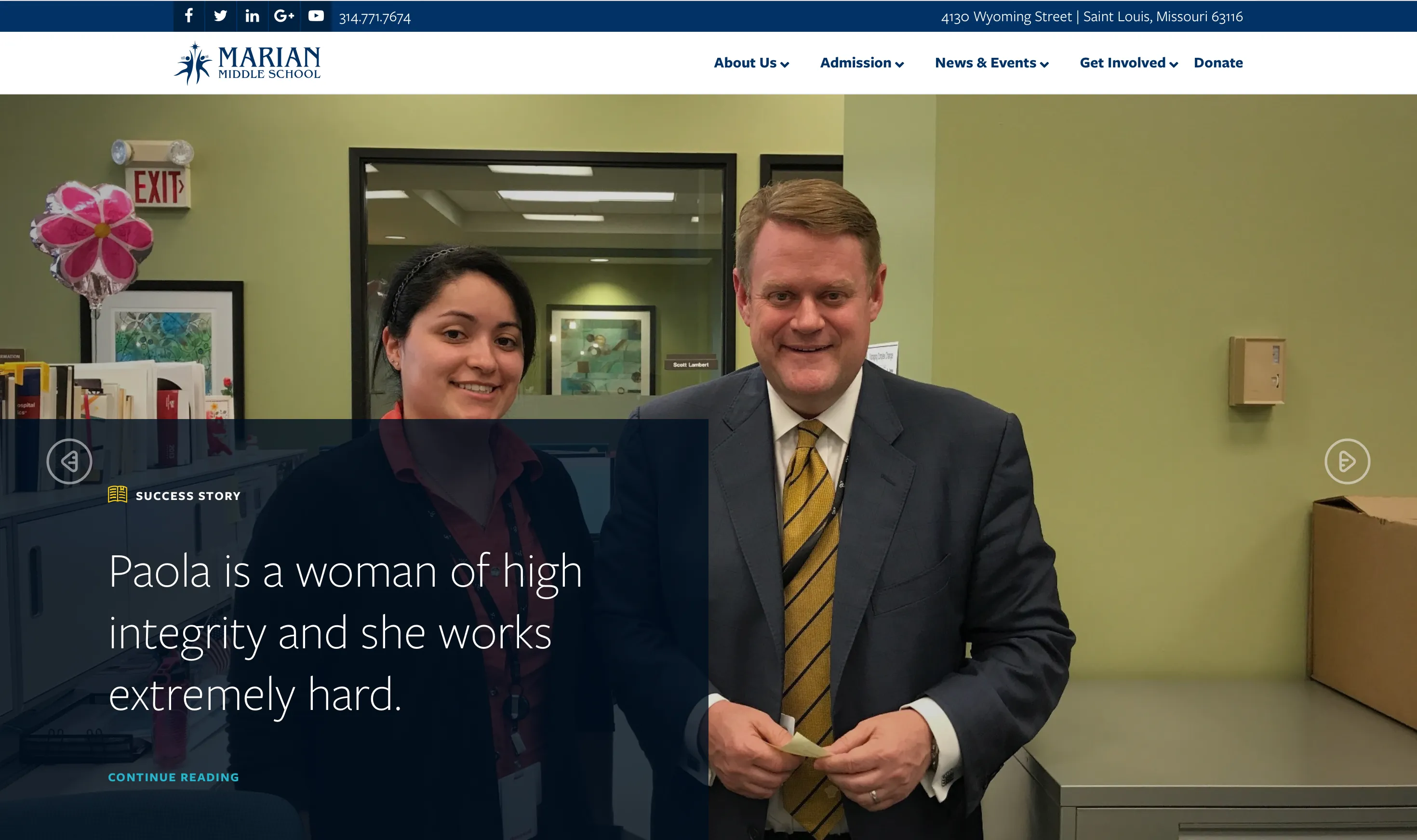 Success story section with full-bleed photo of a student and a school administrator, overlaid with the quote: Paola is a woman of high integrity and she works extremely hard. Screenshot of the live success story, 2017. The school supplied the student, the photograph and the administrator's quote.