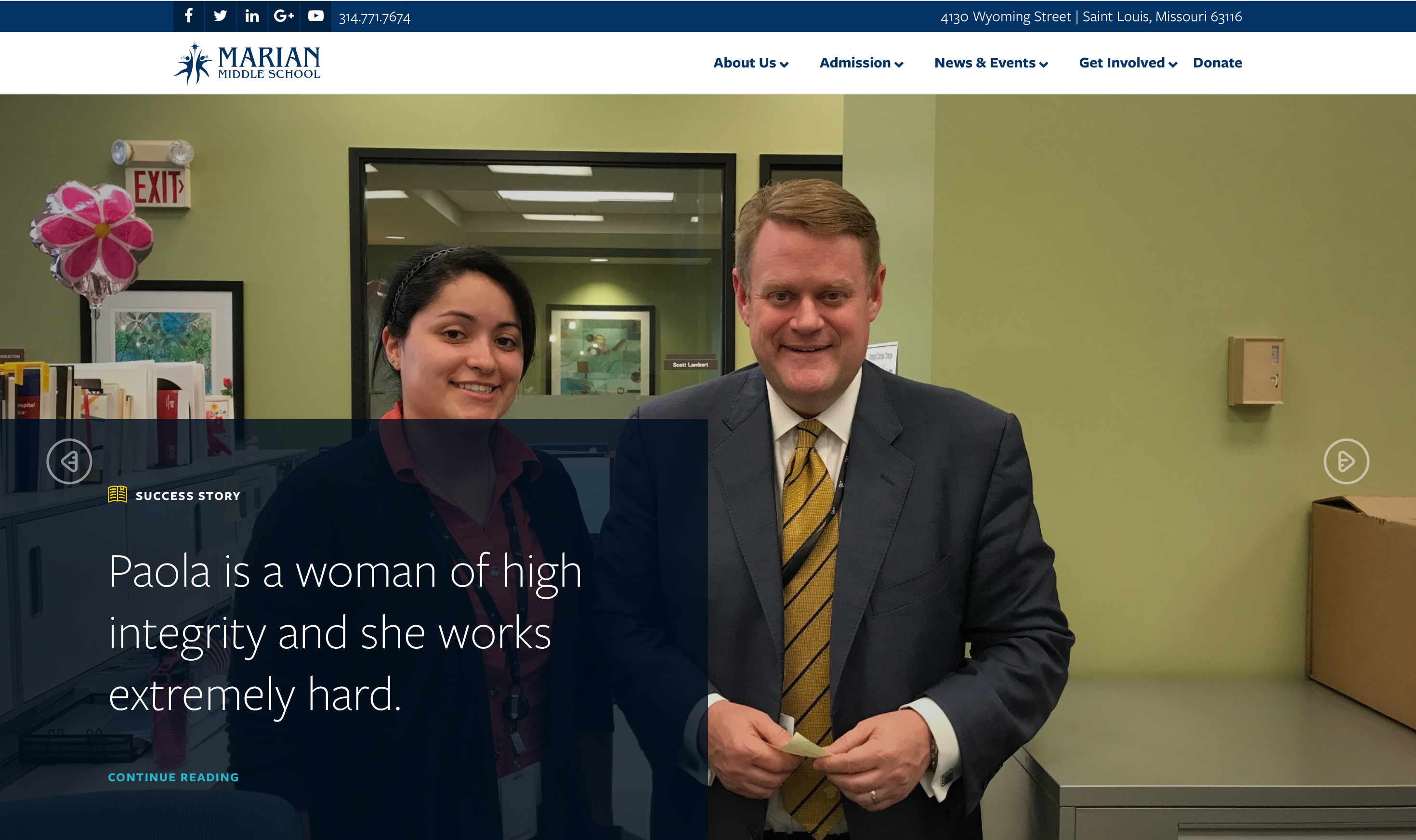 Success story section with full-bleed photo of a student and a school administrator, overlaid with the quote: Paola is a woman of high integrity and she works extremely hard