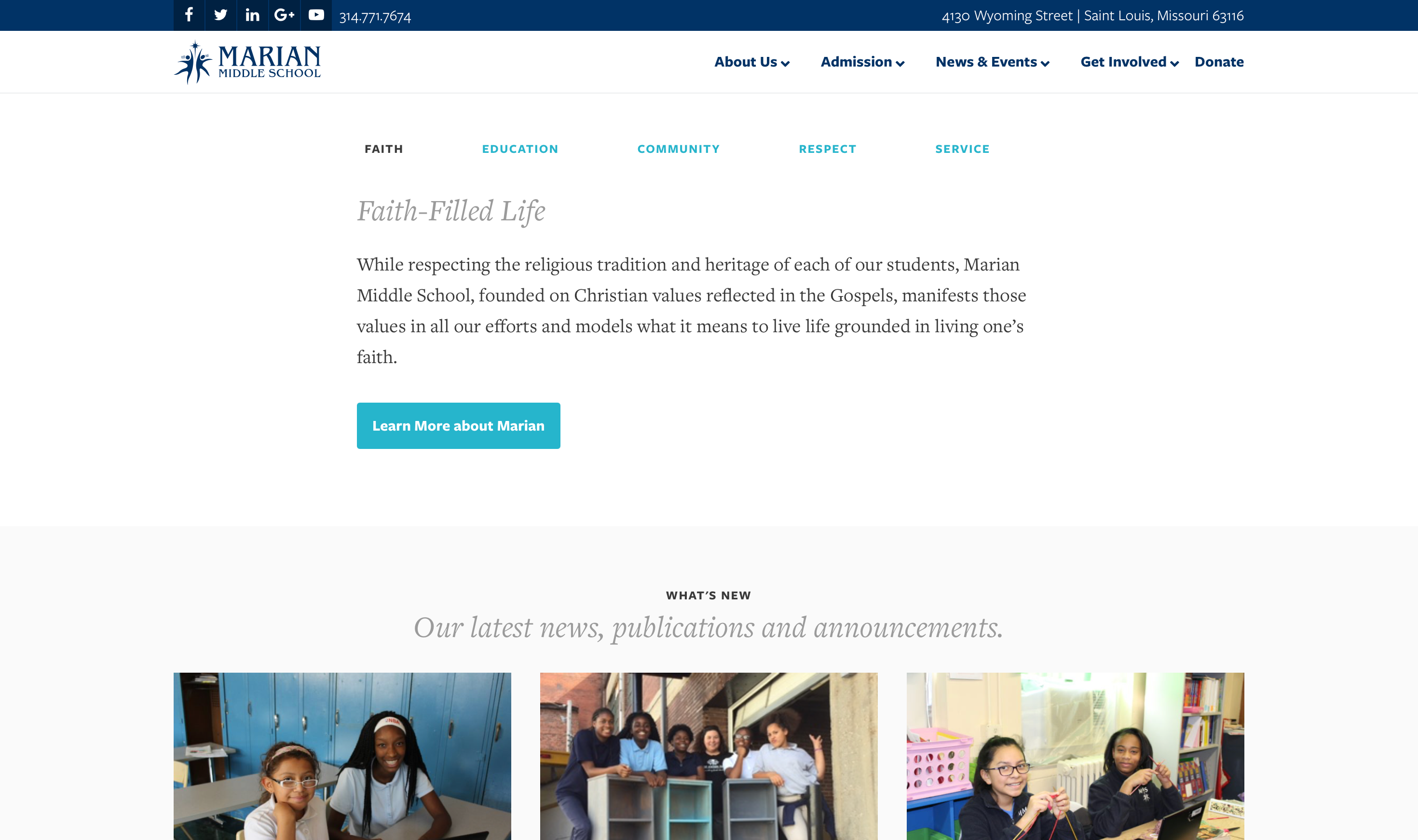 Value positioning page with five horizontal tabs: Faith, Education, Community, Respect, Service. The Faith-Filled Life panel is open, with a Learn More about Marian CTA and a news feed below