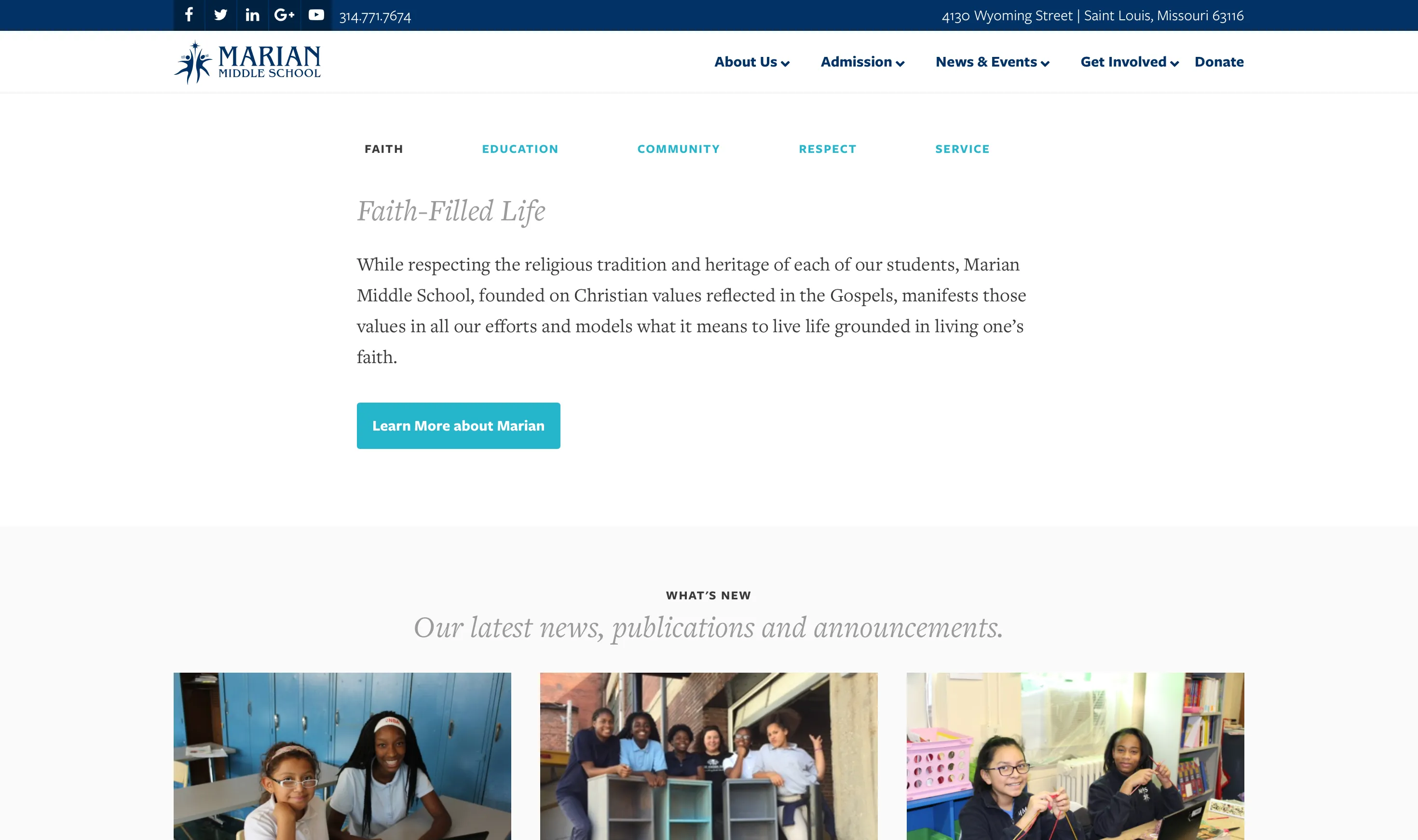 Value positioning page with five horizontal tabs: Faith, Education, Community, Respect, Service. The Faith-Filled Life panel is open, with a Learn More about Marian CTA and a news feed below. Screenshot of the live values page, 2017. Putting faith first was my suggestion, and the school agreed. It didn't come from research with families.