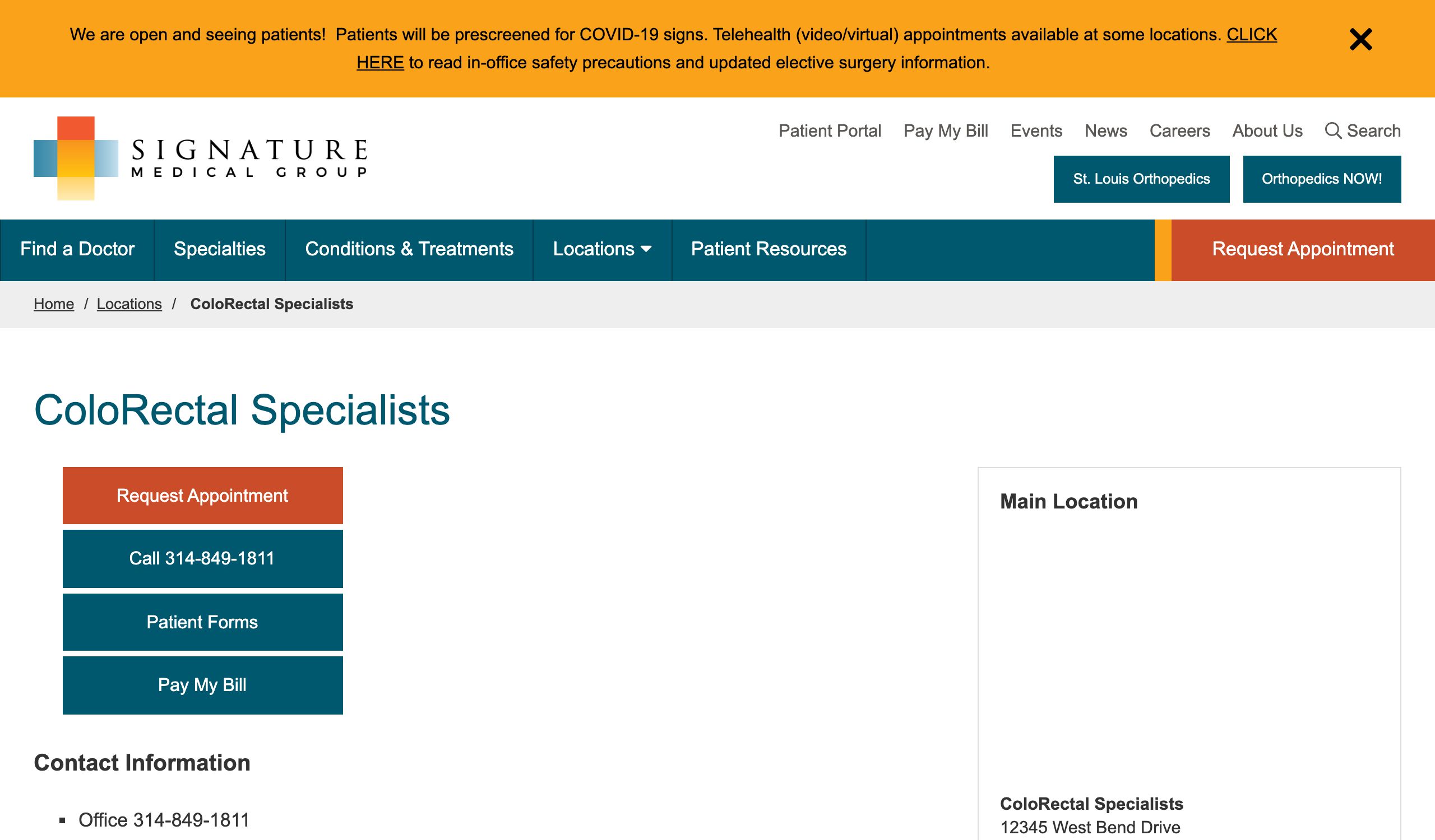 The same practice page after the replatform, reached at /locations/ instead of /practice/