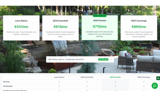 A homeowner enters 1987 Willow Lake Dr. into Quiet Village Landscaping's estimator. The parcel resolves to 12,179 sq ft, and four packages price themselves against it: Lawn Basics at $431/mo through GEM Concierge at $865/mo, with GEM Premier marked most popular. A comparison table fills in which of eleven services each tier covers, and a maintenance slider settles the monthly total at $614.90 above a Schedule consultation button.
