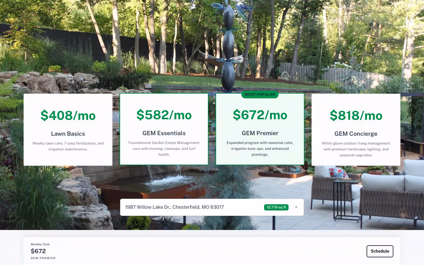 A homeowner types 1987 Willow Lake Dr. into Quiet Village Landscaping's estimator and picks it from the list. The lot resolves to 12,179 sq ft, and four monthly plans price themselves against it: Lawn Basics at $408/mo, GEM Essentials at $582/mo, GEM Premier at $672/mo (most popular) and GEM Concierge at $818/mo. A comparison table shows which services each plan covers, above the monthly total and a Schedule consultation button. Recorded locally against test data, so no lead was created.
