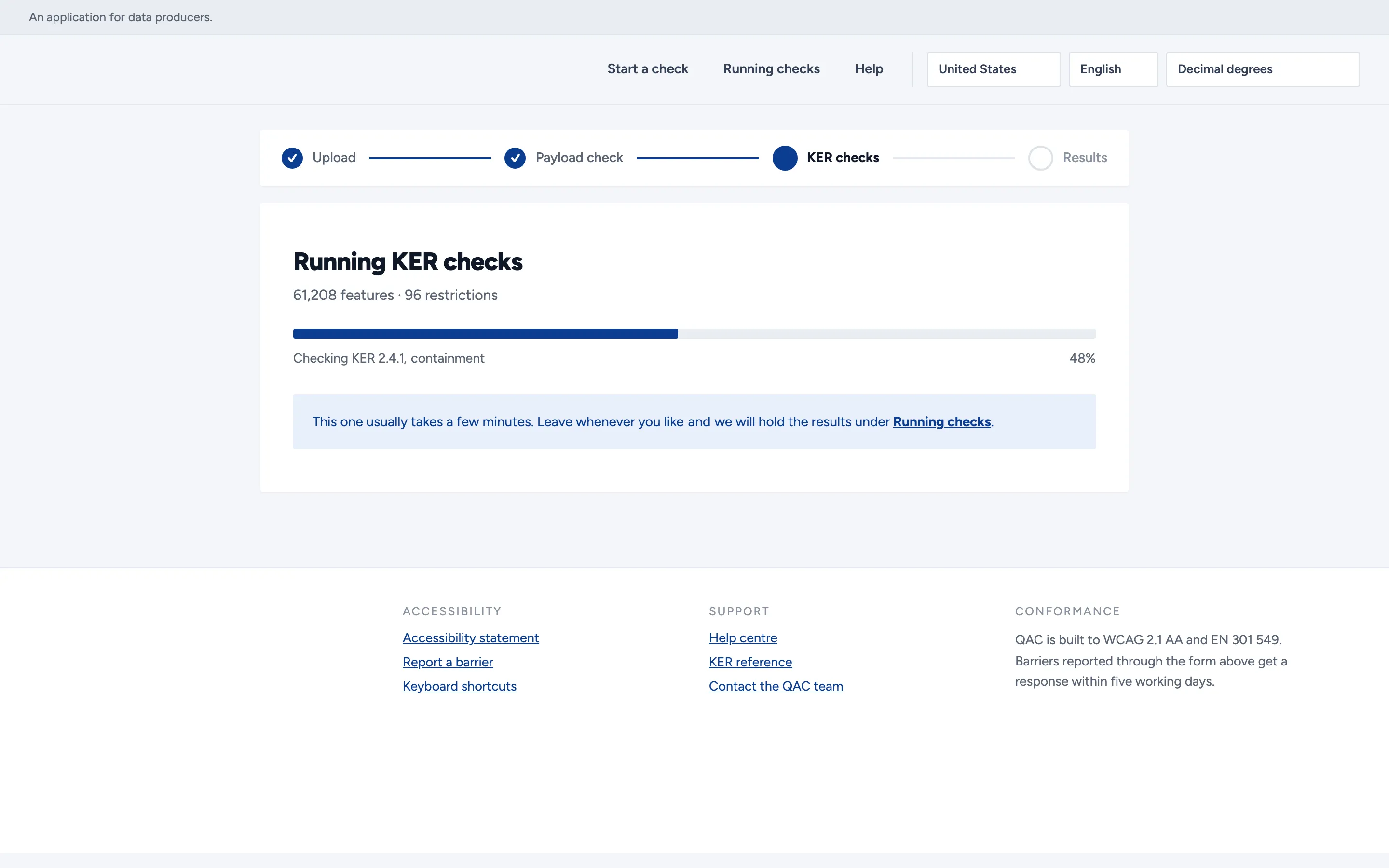 The detailed rule checks running against 61,208 features and 96 restrictions. The progress note names the rule being evaluated, a containment rule, and a line below states the results will be held under Running checks.