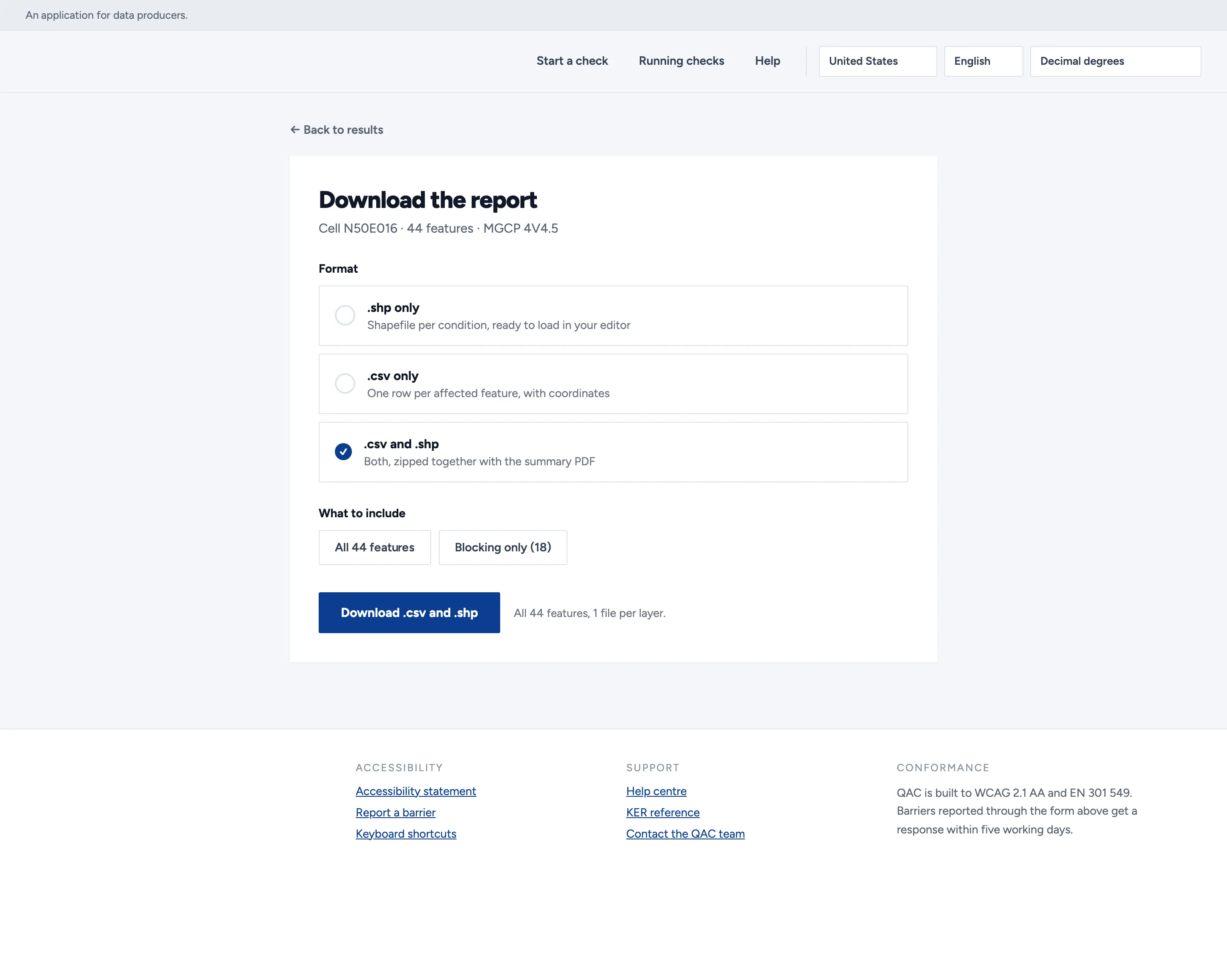 The download step for one tile, 44 features, against the data standard. Format options offer .shp only, .csv only, or .csv and .shp, each with a note on what it is for; scope offers all 44 features or blocking only. The download button names the chosen format, and a note restates what the current selection will produce.