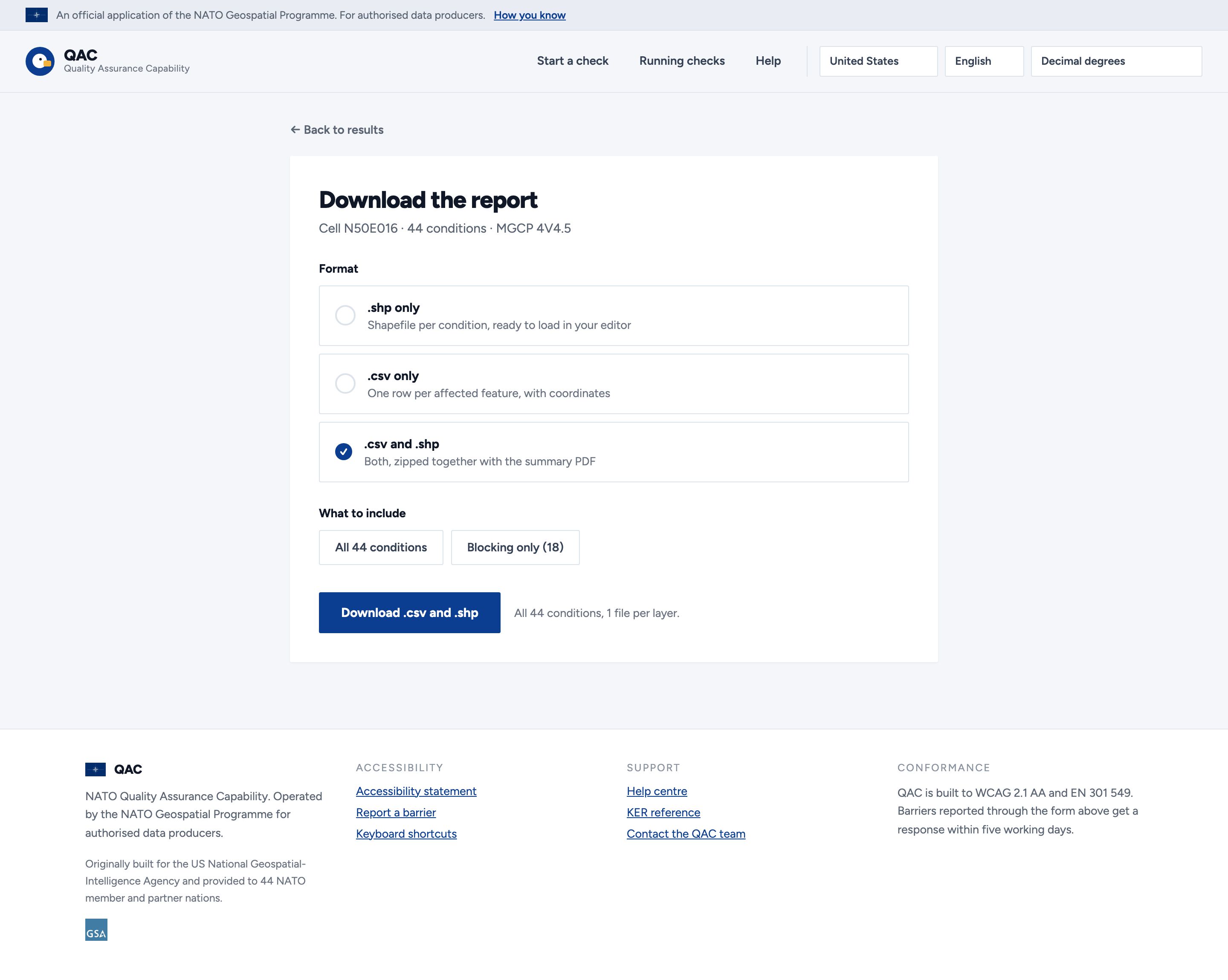 The download step for cell N50E016, 44 conditions, MGCP 4V4.5. Format options offer .shp only, .csv only, or .csv and .shp, each with a note on what it is for; scope offers all 44 conditions or blocking only. The download button names the chosen format, and a note restates what the current selection will produce.