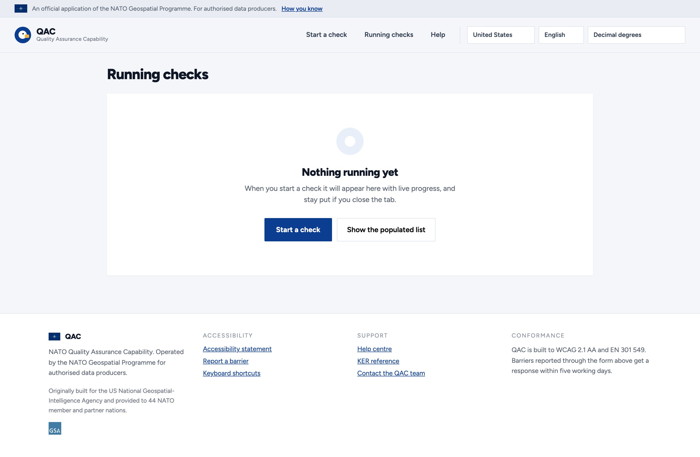 The Running checks list with nothing in it. The empty state reads 'Nothing running yet' and explains that a started check will appear here with live progress and stay put if the tab is closed, above a Start a check button.