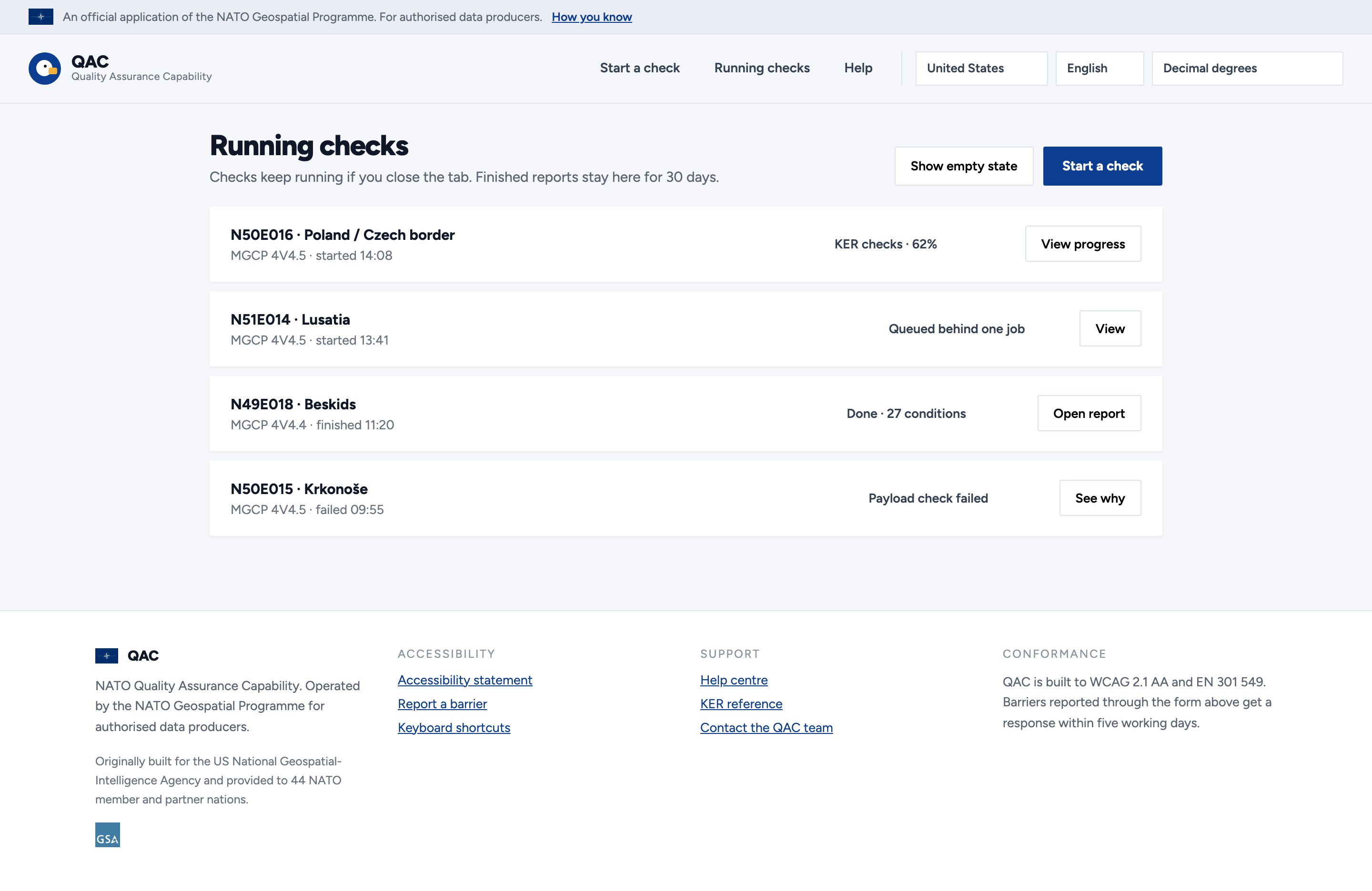 The Running checks list. Four jobs are shown with cell, protocol and start time, each with a progress bar and an action matched to its state: View progress for a run at 62%, View for one queued, Open report for a finished run with 27 conditions, and See why for one whose payload check failed. A note states that checks keep running if the tab is closed and finished reports stay for 30 days.