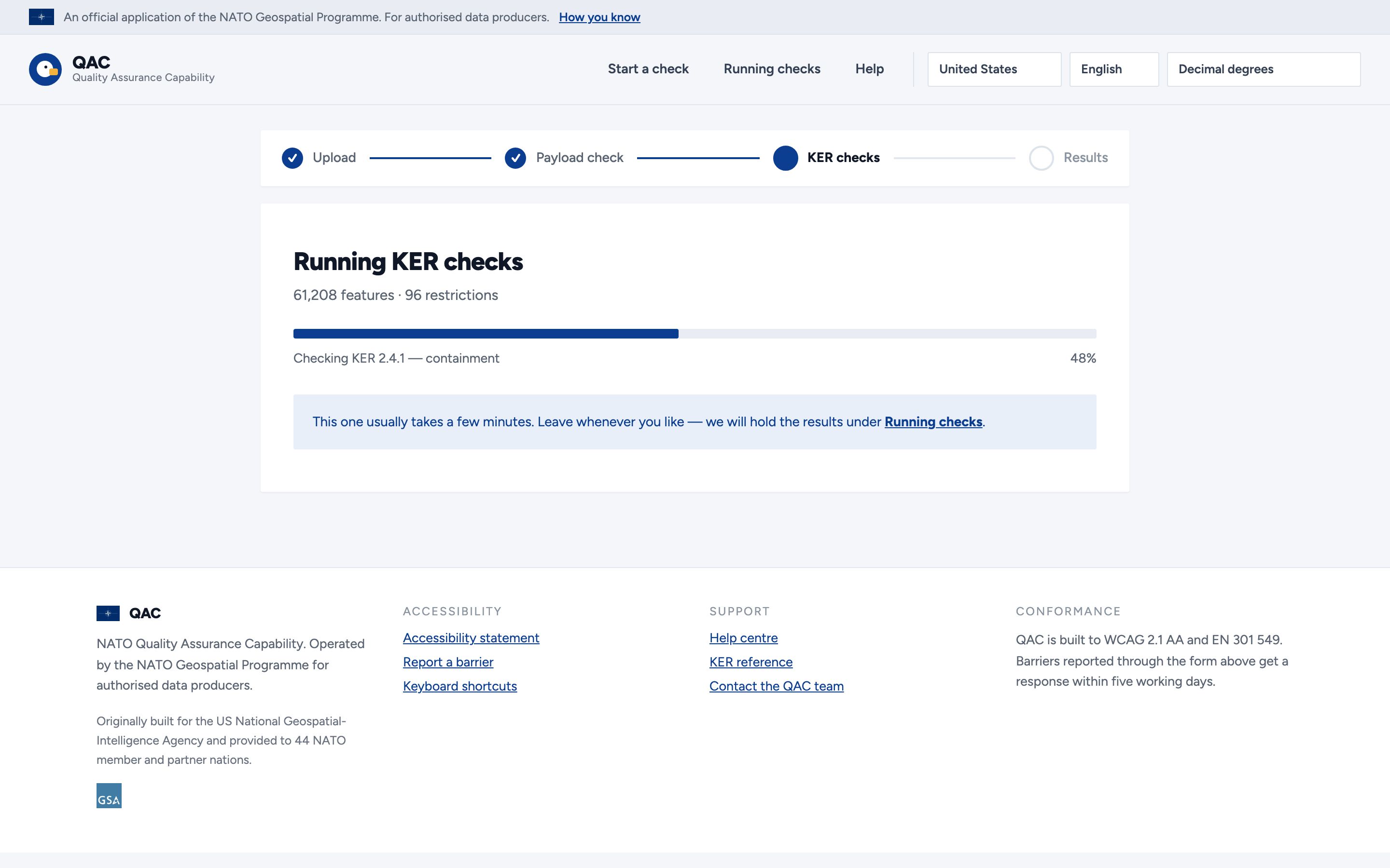 KER checks running against 61,208 features and 96 restrictions. The progress note names the restriction class being evaluated: checking KER 2.4.1, containment, and a line below states the results will be held under Running checks.