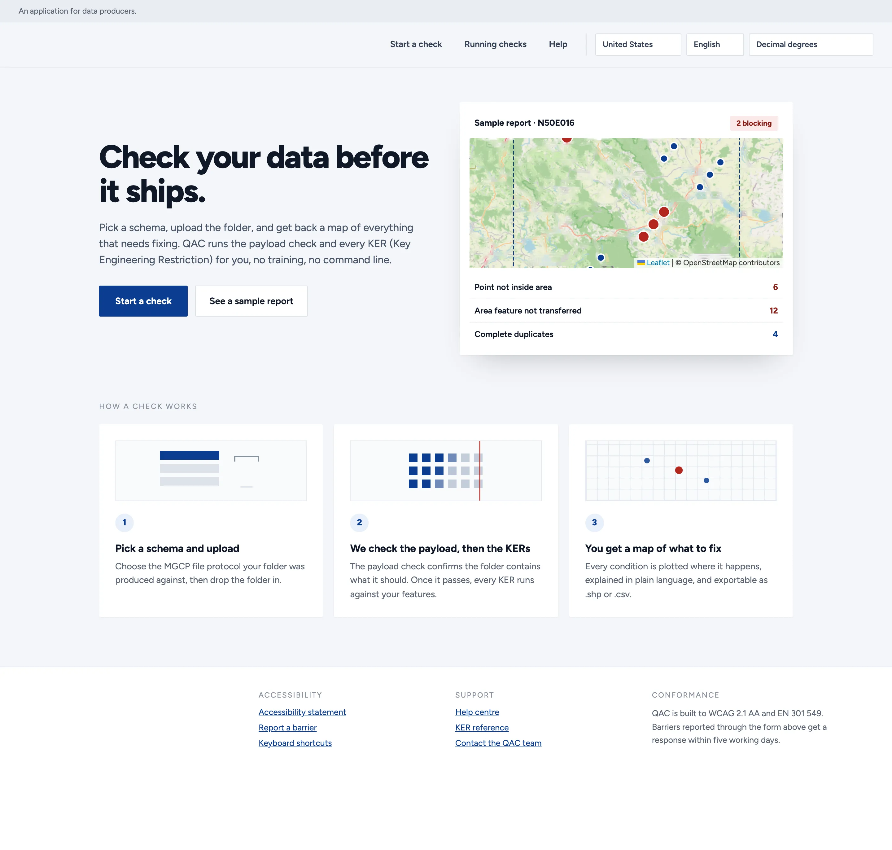 The front door. A thin banner across the top reads 'An application for data producers.' A hero reading 'Check your data before it ships' sits above Start a check and See a sample report, beside a sample-report card showing a map with red and blue markers and a condition list: point not inside area 6, area feature not transferred 12, complete duplicates 4. Below, three numbered cards explain how a check works: pick a schema and upload, we check the payload then the detailed rules, you get a map of what to fix.