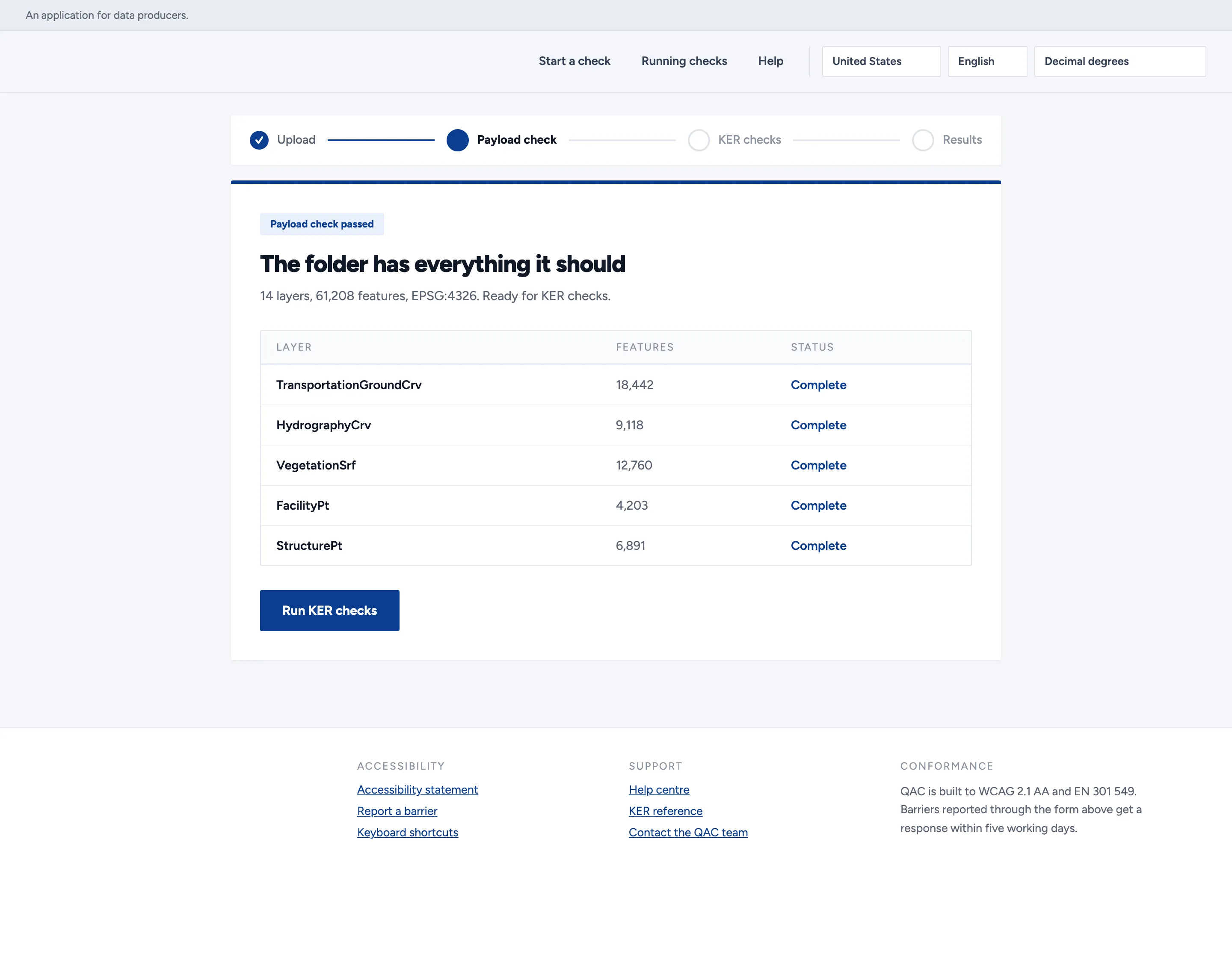 The payload check passed. The card reads 'The folder has everything it should' and summarizes 14 layers, 61,208 features, EPSG:4326. A table lists each layer with its feature count and a Complete status, above the button that runs the detailed rule checks.