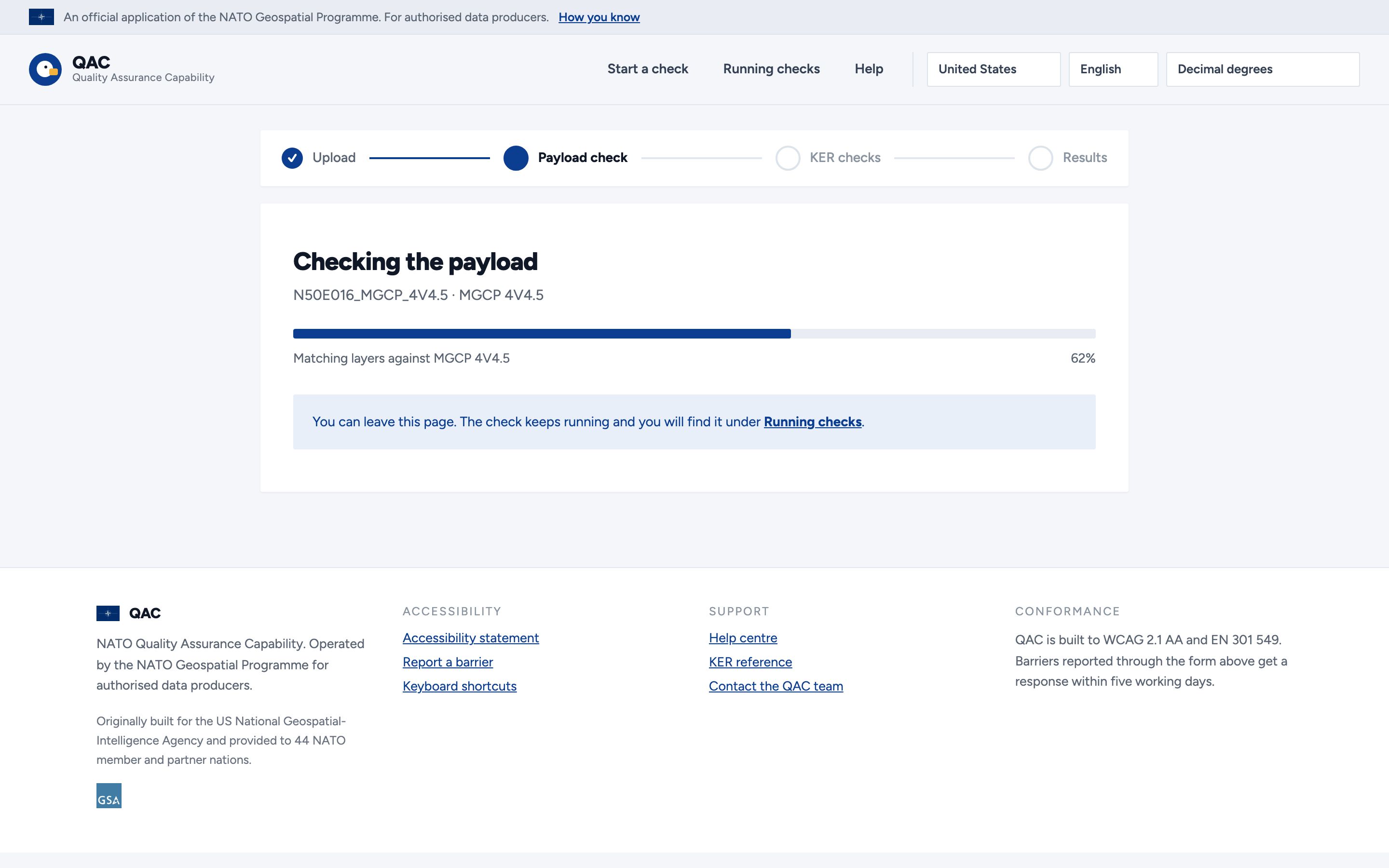 The payload check running. A progress bar sits under the file name and protocol, with the substep named in words: matching layers against MGCP 4V4.5, and a note stating the page can be left and the job found again under Running checks.
