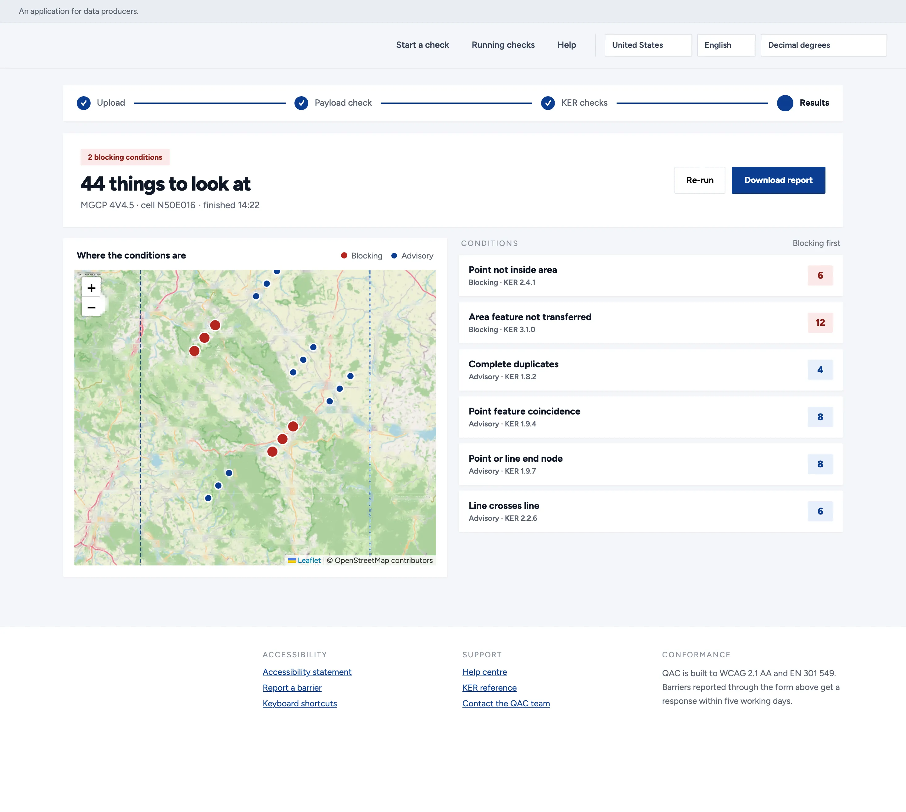 The results screen. A headline reads '44 things to look at' with a chip for 2 blocking conditions and the run's provenance: the data standard, the cell, finished 14:22. Below left, a map of the tile carries large red markers for blocking findings and smaller blue ones for advisory, inside a dashed cell boundary. Below right, the six conditions are listed blocking-first with their counts.