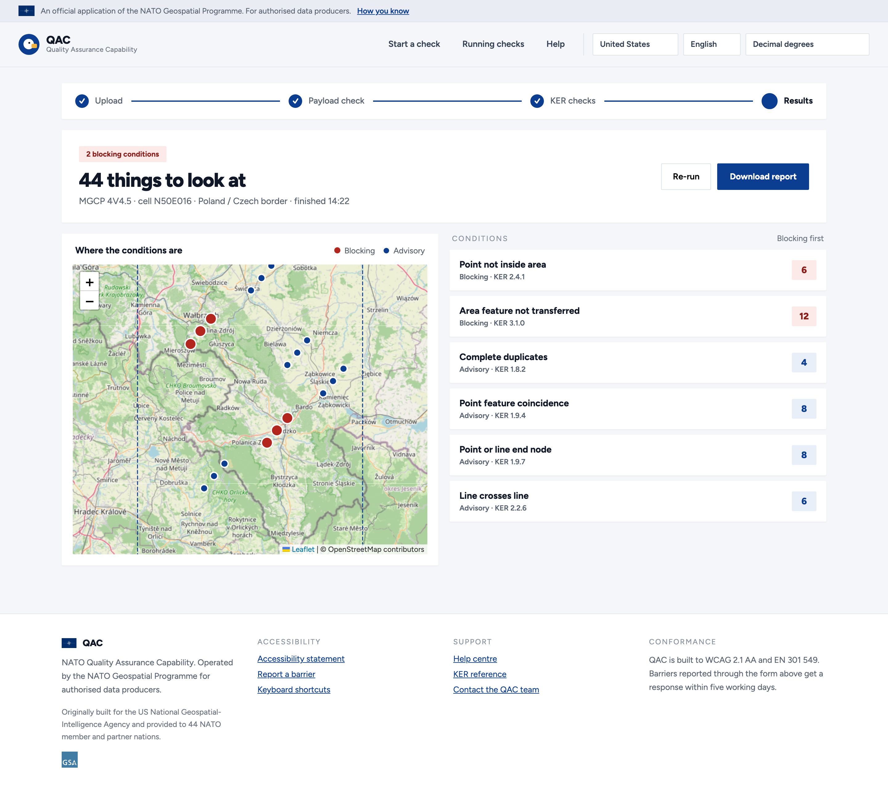 The results screen. A headline reads '44 things to look at' with a chip for 2 blocking conditions and the run's provenance: MGCP 4V4.5, cell N50E016, Poland / Czech border, finished 14:22. Below left, an OpenStreetMap basemap of the cell carries large red markers for blocking findings and smaller blue ones for advisory, inside a dashed cell boundary. Below right, the six conditions are listed blocking-first with their counts.