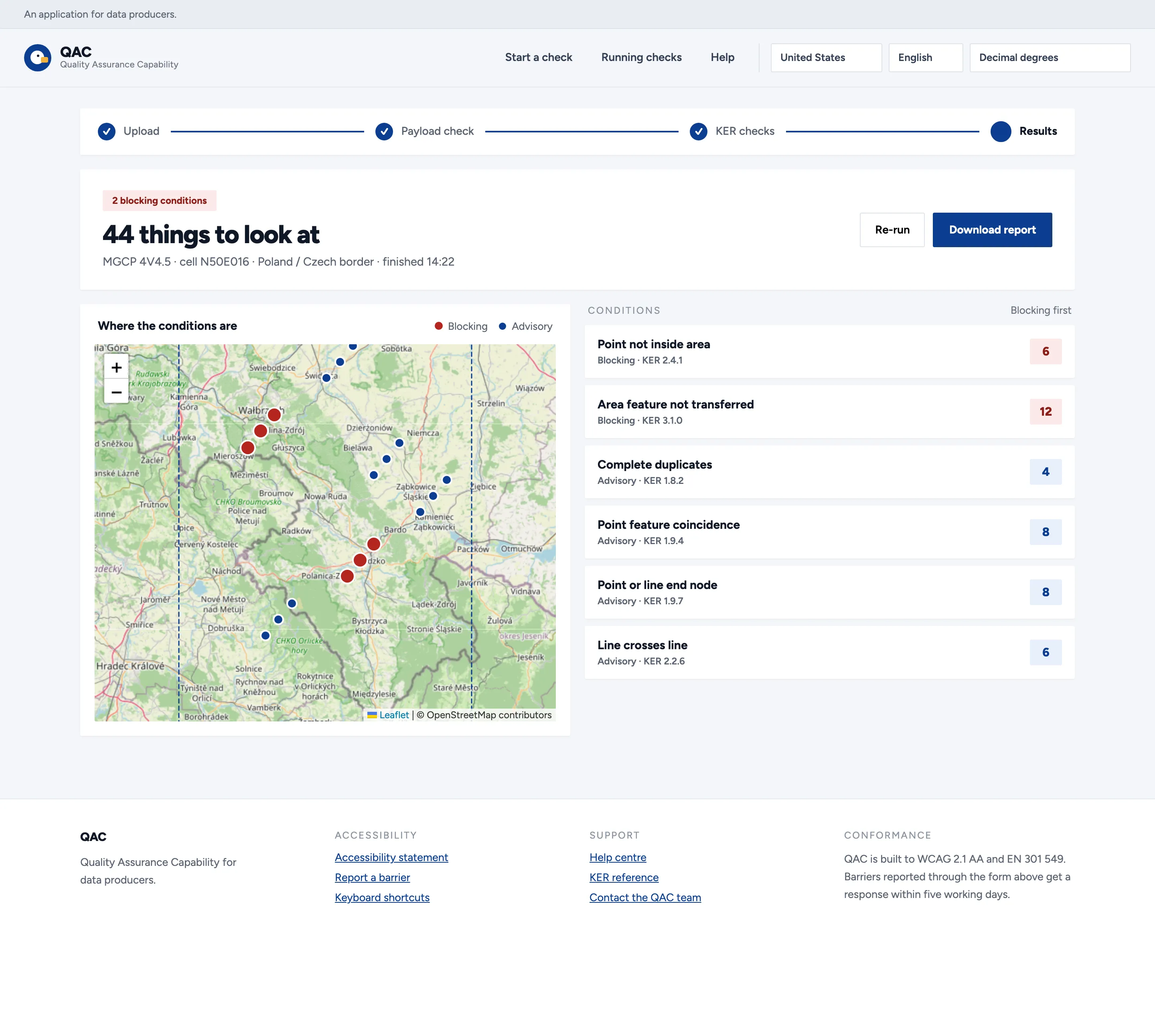 The results screen. A headline reads '44 things to look at' with a chip for 2 blocking conditions and the run's provenance: MGCP 4V4.5, cell N50E016, Poland / Czech border, finished 14:22. Below left, an OpenStreetMap basemap of the cell carries large red markers for blocking findings and smaller blue ones for advisory, inside a dashed cell boundary. Below right, the six conditions are listed blocking-first with their counts.