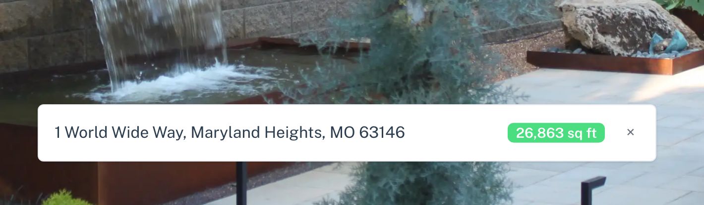The resolved address bar reading 1 World Wide Way, Maryland Heights, MO 63146 with a green chip beside it showing 26,863 sq ft