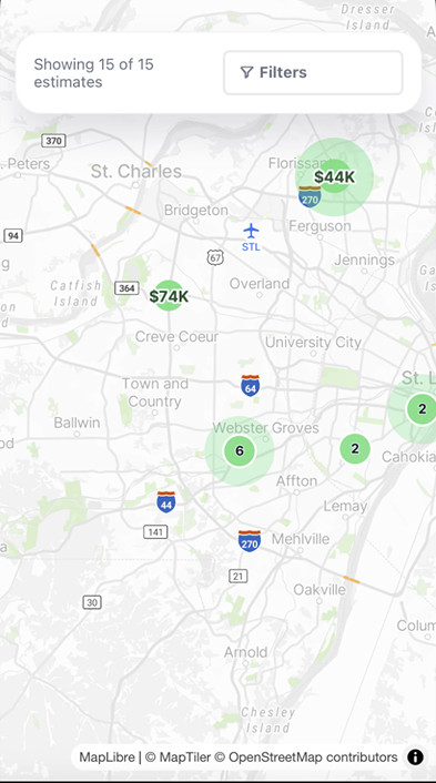 The operator lead map on a phone clustering 15 estimates with cluster values of $44K and $74K, a count per marker and a filter control