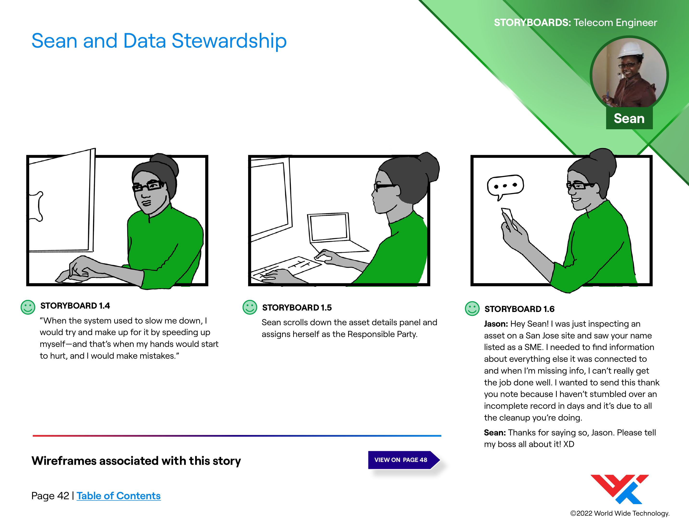 Storyboard panels 1.4 through 1.6 of Sean's data stewardship narrative, ending with a thank-you note from a colleague who has not hit an incomplete asset record in days.