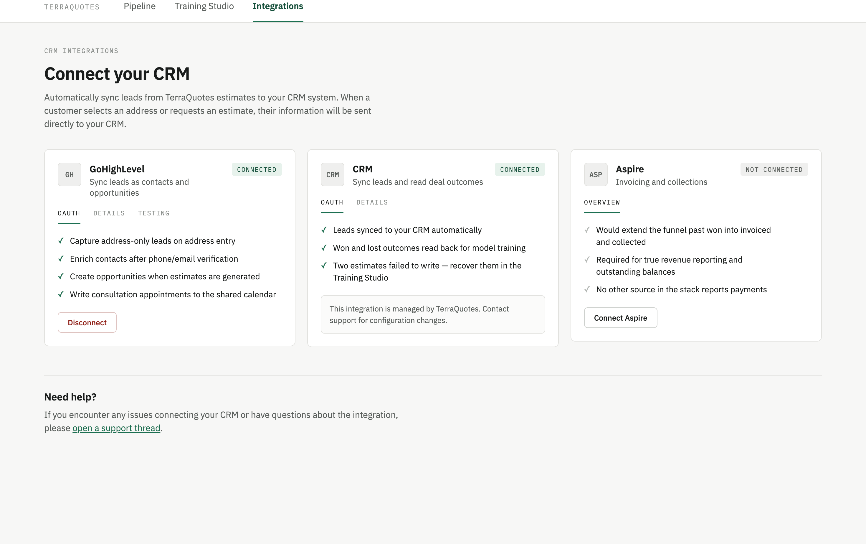 The Strata integrations page: GoHighLevel connected, a CRM card connected and noting that won and lost outcomes are read back for model training, and an Aspire card marked not connected