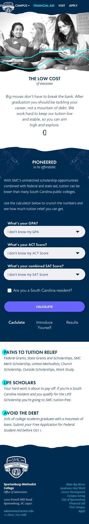 Phone-width design of the Financial Aid page: students in a dorm photograph under cyan contour lines, The Low Cost of Awesome, the calculator on a navy panel with GPA, ACT, SAT and residency fields and a CALCULATE button, then Paths to Tuition Relief, Life Scholars and Avoid the Debt with cyan-highlighted initials.
