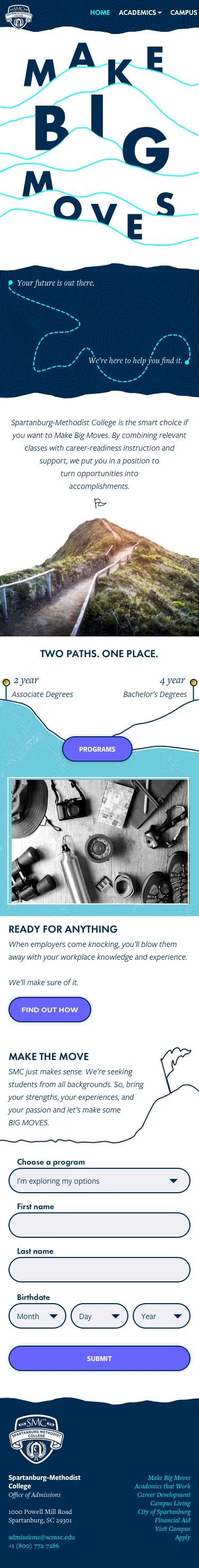 Phone-width design of the home page: the SMC crest and navigation, MAKE BIG MOVES over cyan contour lines, the dark topographic trail, the hillside path photograph, the two-paths diagram on a cyan wash, the Ready for Anything photograph, the inquiry form and a navy footer.