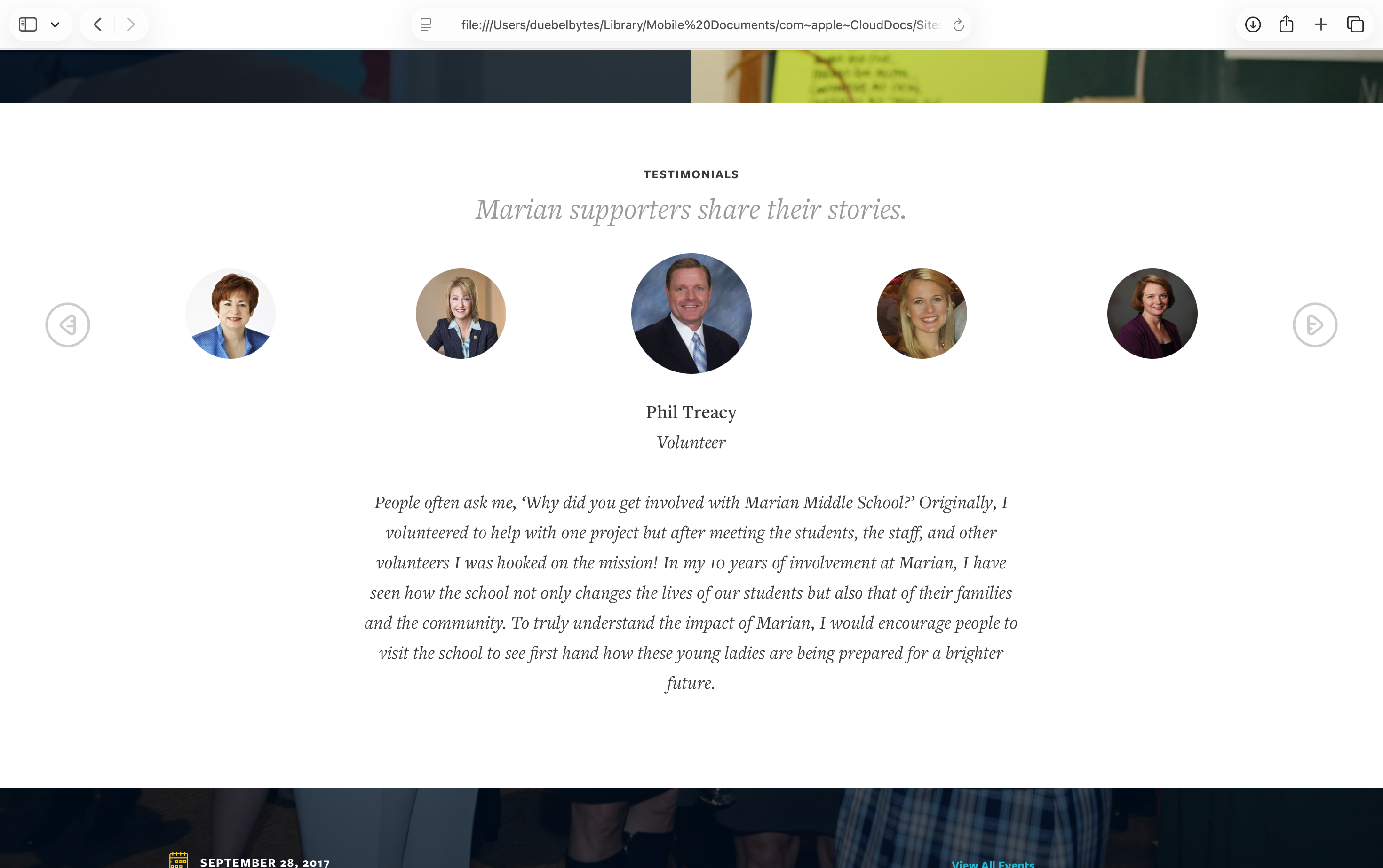 Testimonials section headed Marian supporters share their stories, featuring Phil Treacy labeled as Volunteer with a quote about his 10 years of involvement, alongside four other community member headshots in a carousel