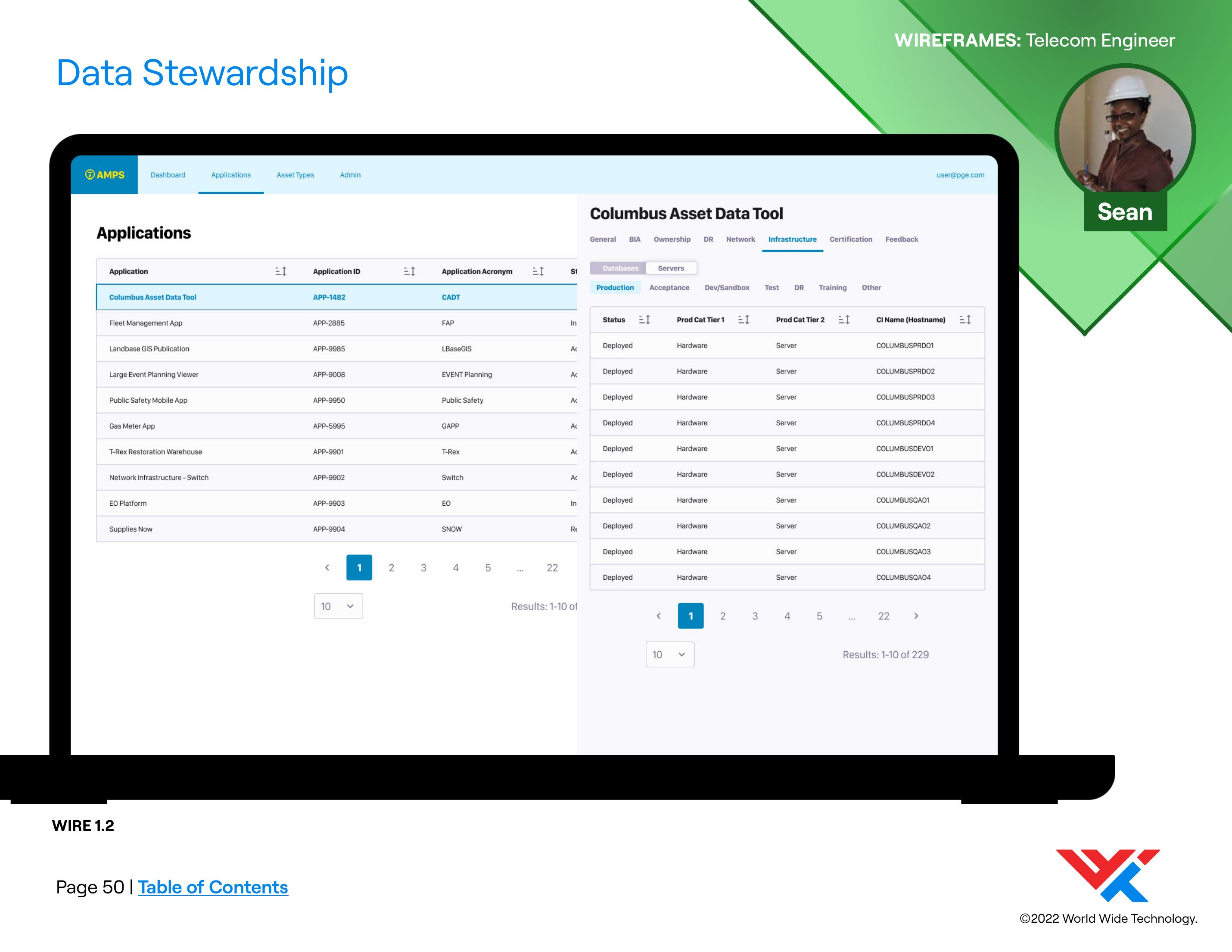 Wireframe of the data stewardship concept in AMPS: the Applications list on the left with Columbus Asset Data Tool selected, and a details panel open beside it, tabbed General, BIA, Ownership, DR, Network, Infrastructure, Certification and Feedback, showing 229 deployed production servers under Infrastructure.