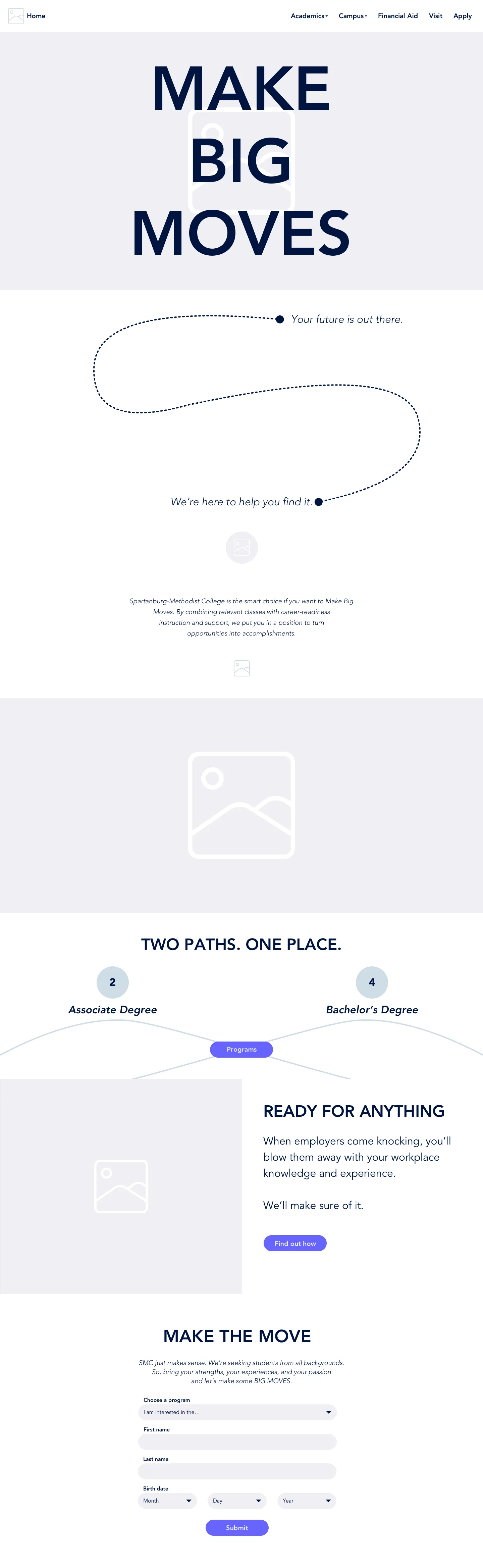 Wireframe of the home page at desktop width: the MAKE BIG MOVES headline, the dotted trail with its two captions, a placeholder photograph, the Two Paths, One Place diagram with a Programs button, the Ready for Anything callout, and the Make the Move form with program, name and birth date fields.