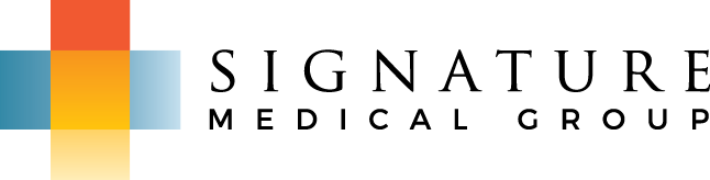 The Signature Medical Group wordmark: a cross built from orange, blue and gold squares beside SIGNATURE in letterspaced serif capitals, with MEDICAL GROUP letterspaced beneath