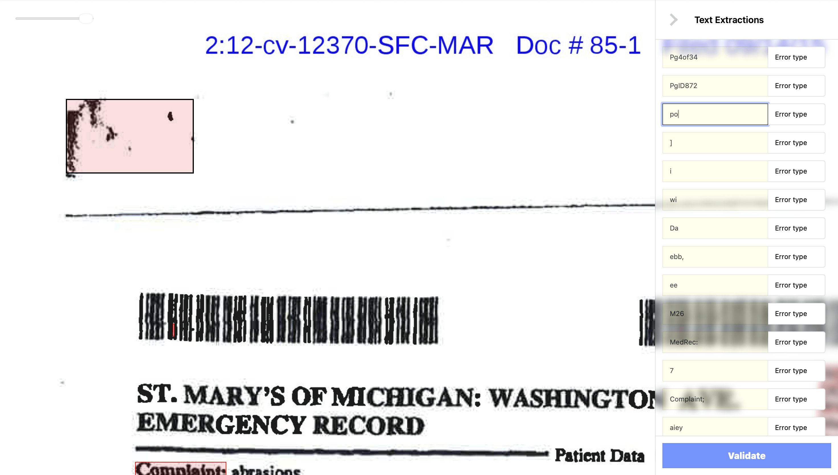 The same record with the zoom slider pushed to its right end. The page is magnified to several times its default size and the red outline still sits exactly on the word Complaint, with the correction panel unchanged beside it.